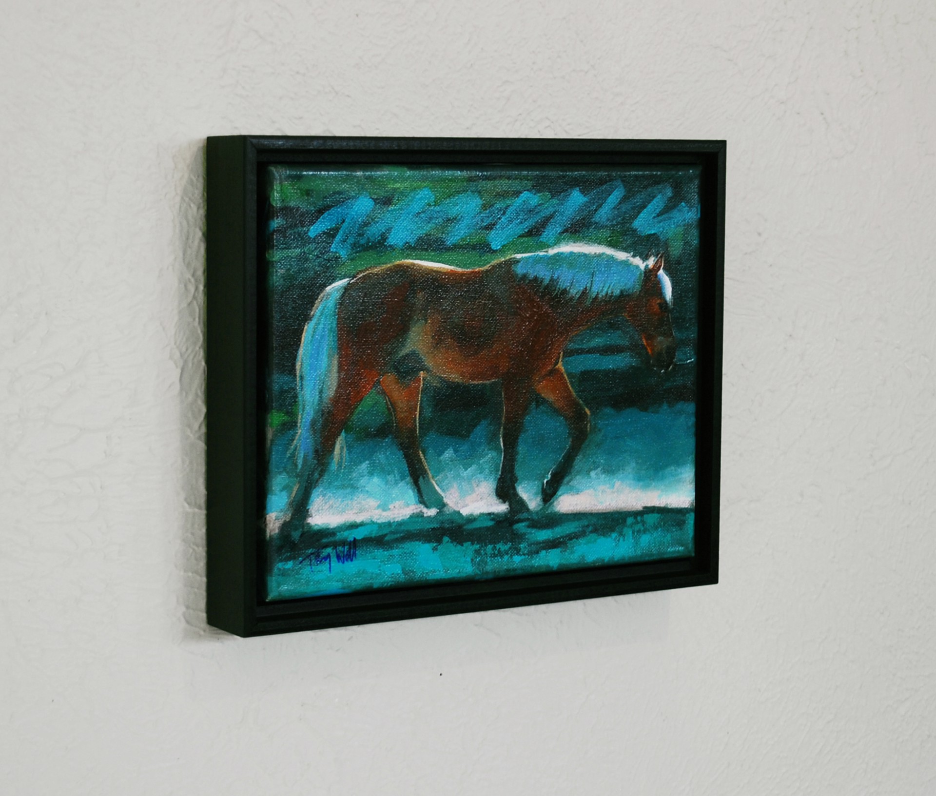 A painting of a horse walking in the snow.