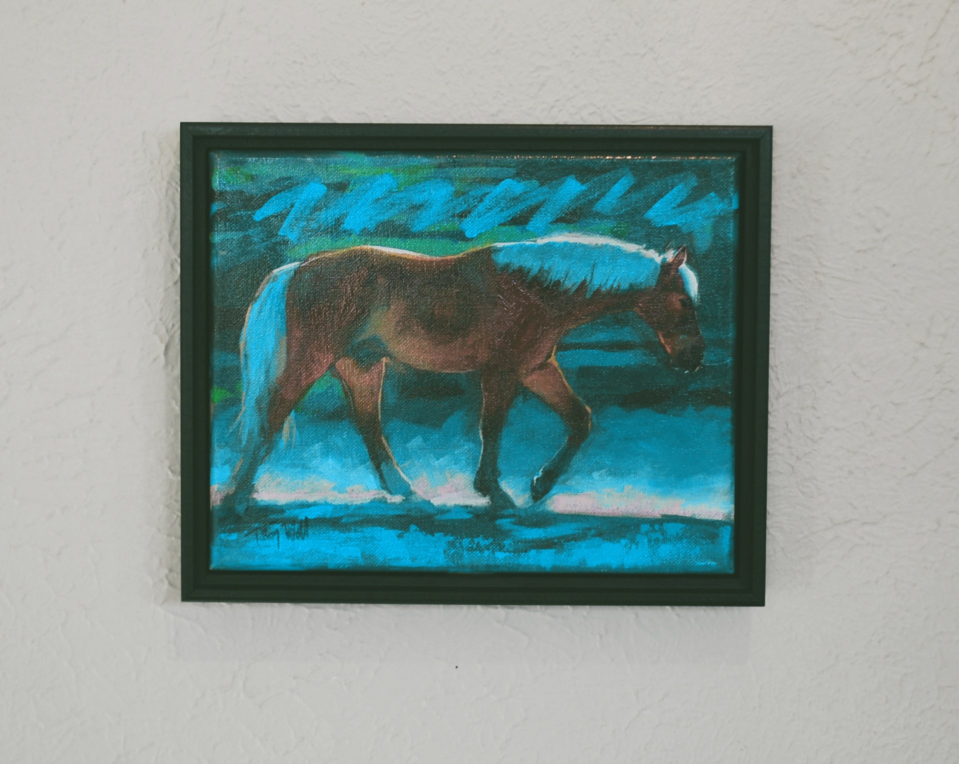 A painting of a horse walking in the snow.