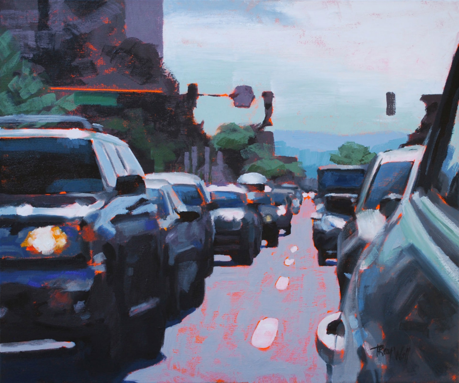 A painting of a busy city street filled with cars.