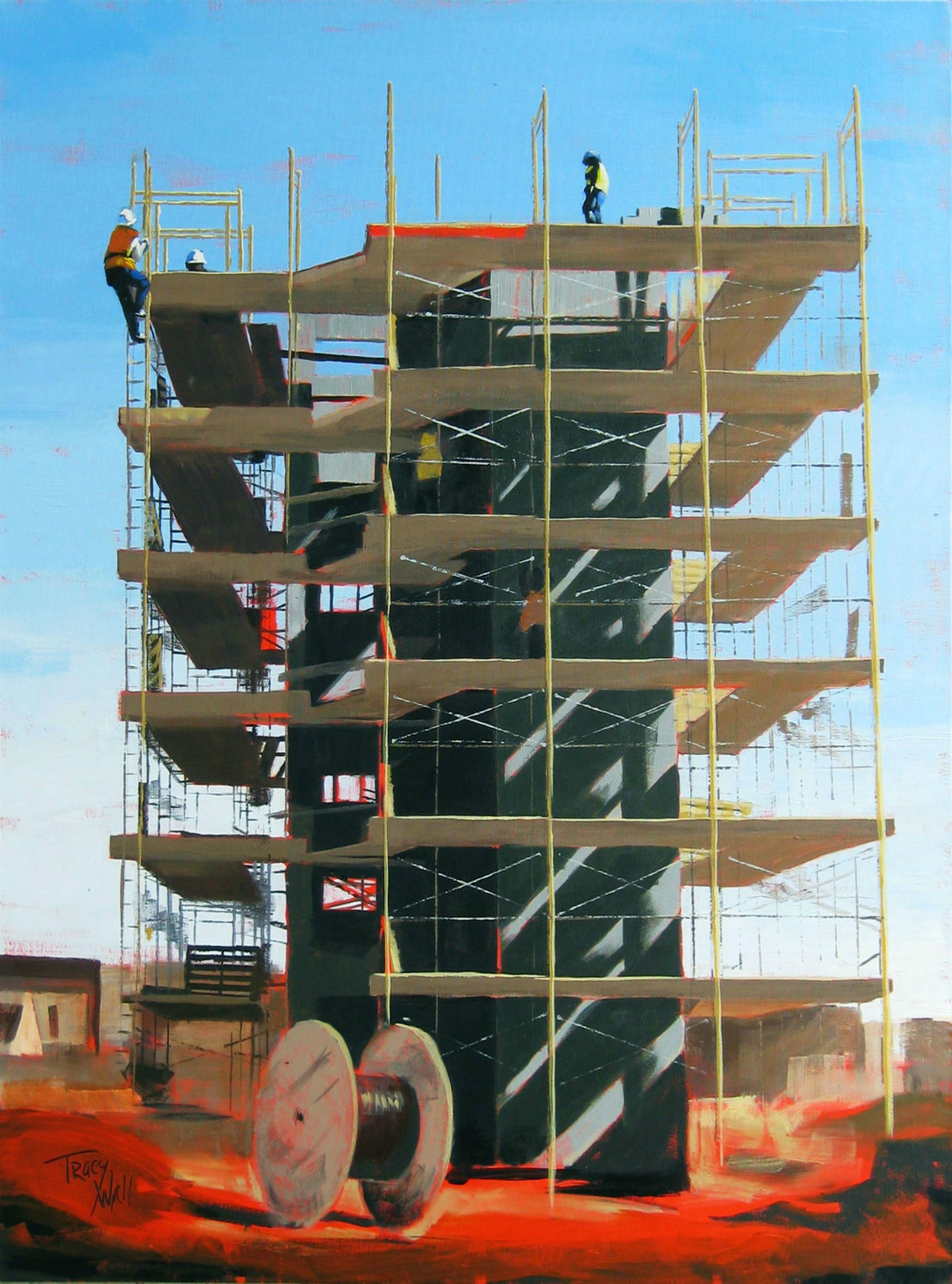 A painting of a construction site with workers on scaffolding.