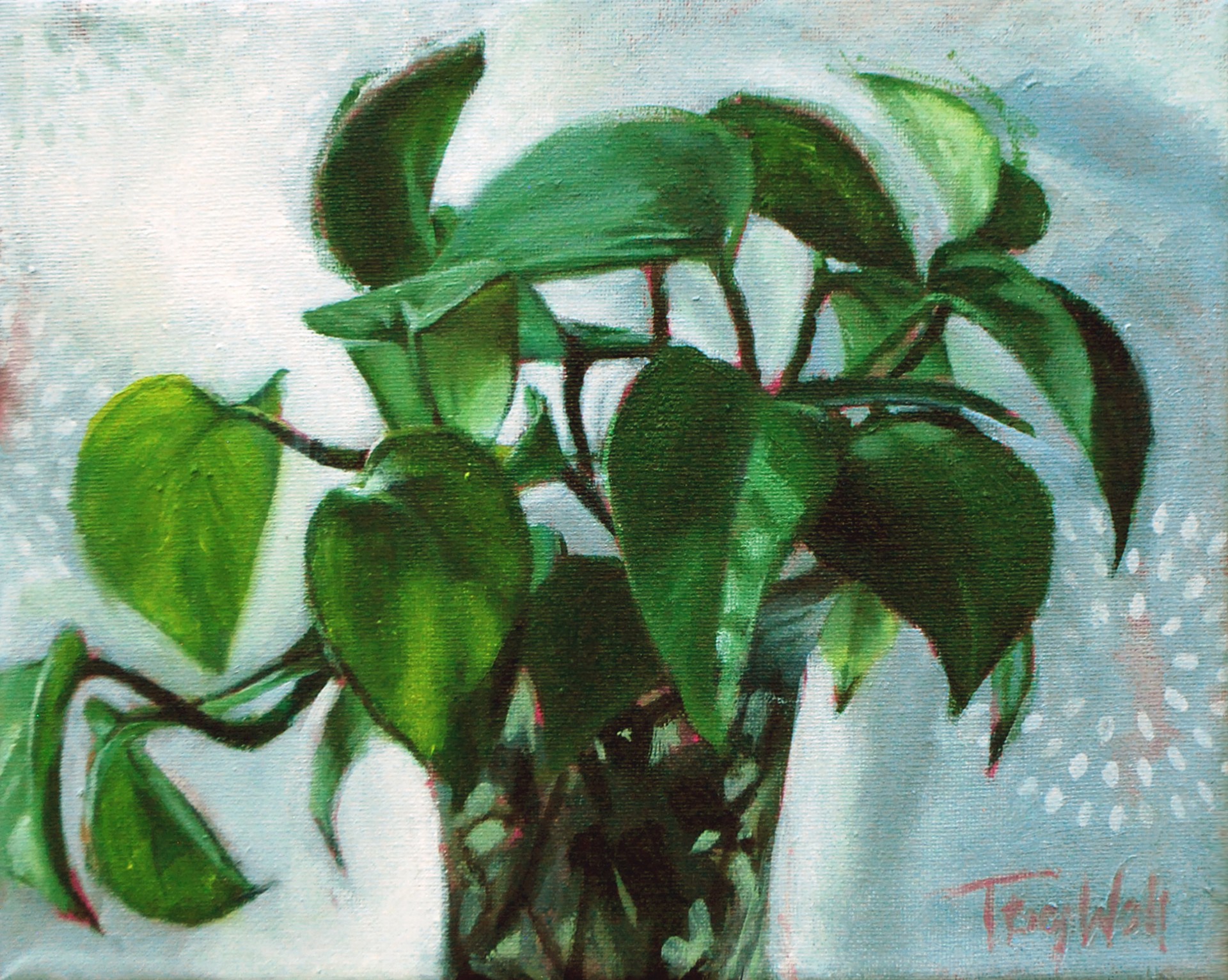 A painting of a potted plant in a vase on a table.