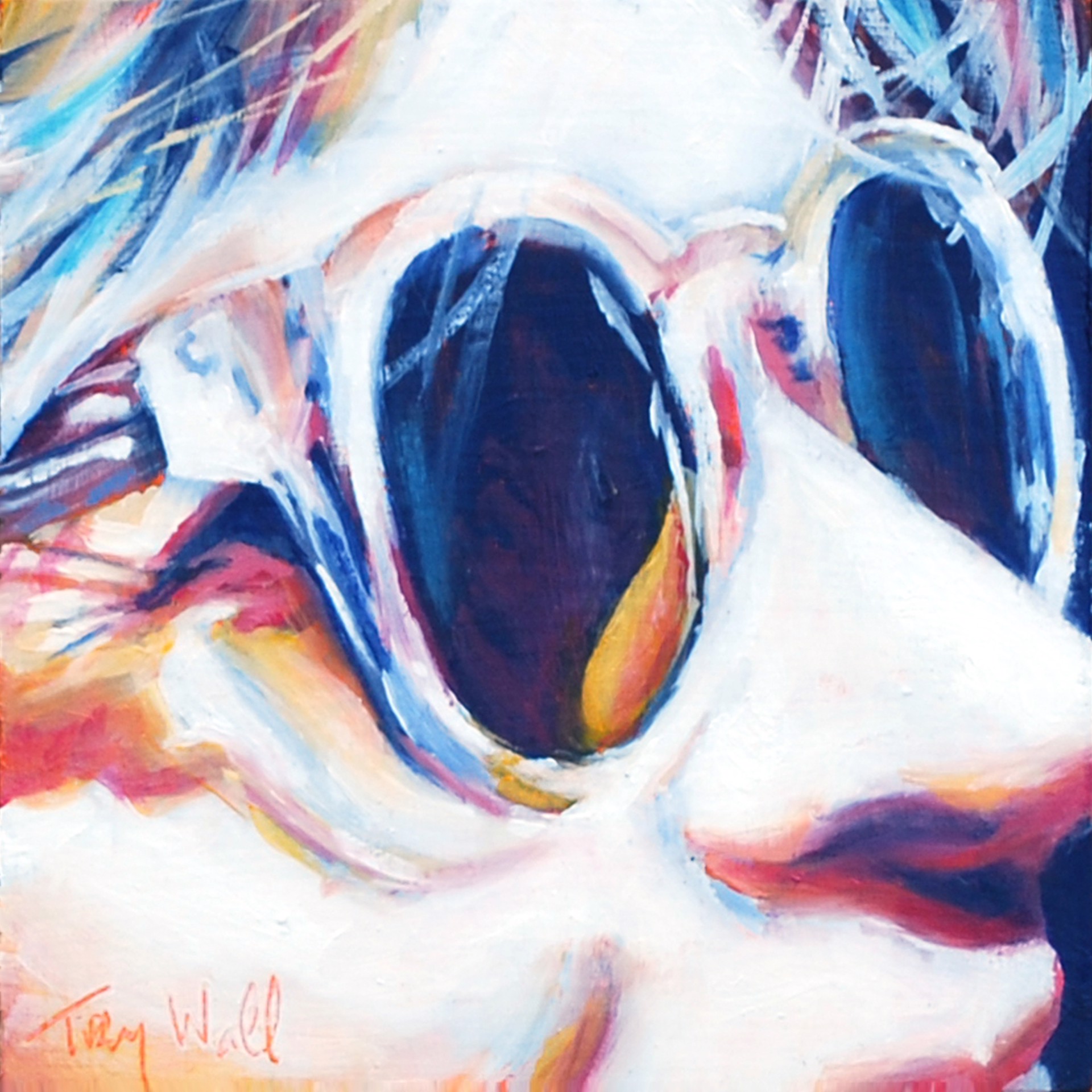 A painting of a cat's face with blue eyes.