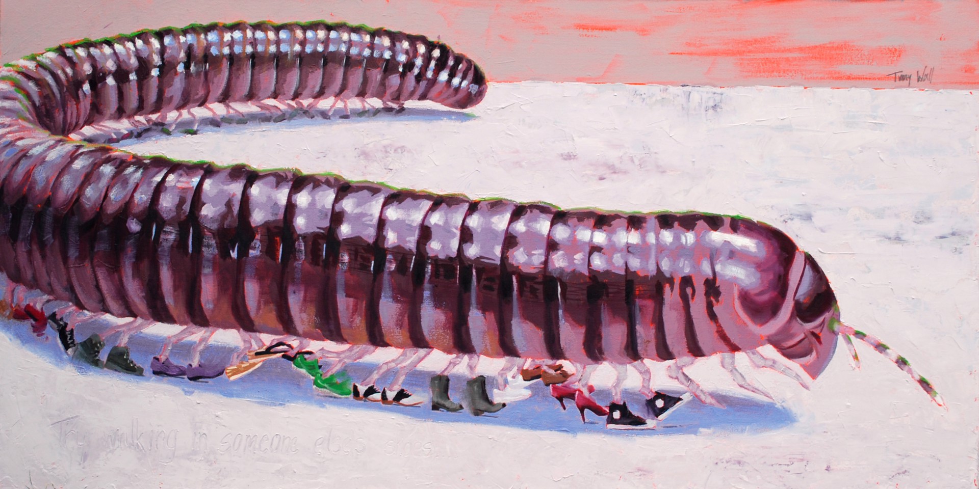 A painting of a millipede crawling on a white surface.