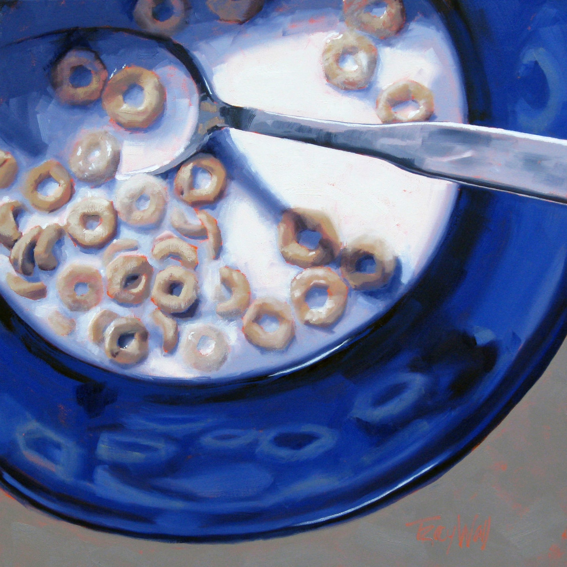 A painting of a bowl of cereal with a spoon.