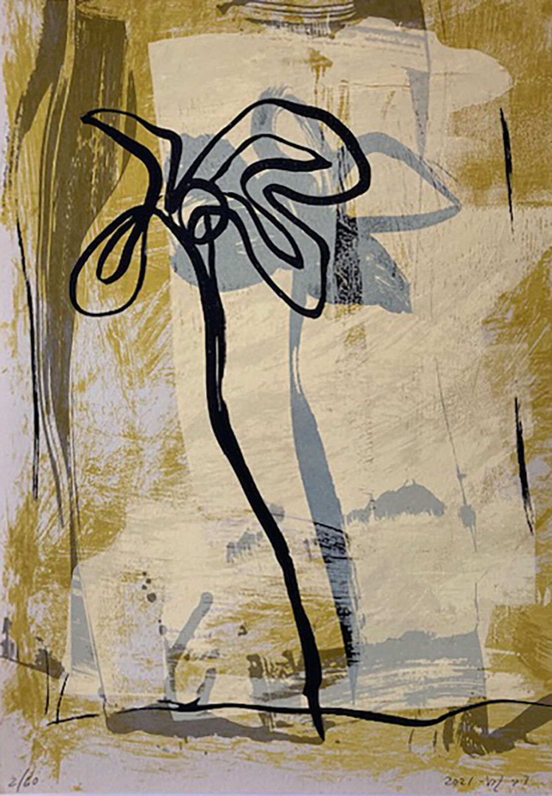 A painting of a flower in a vase on a table.