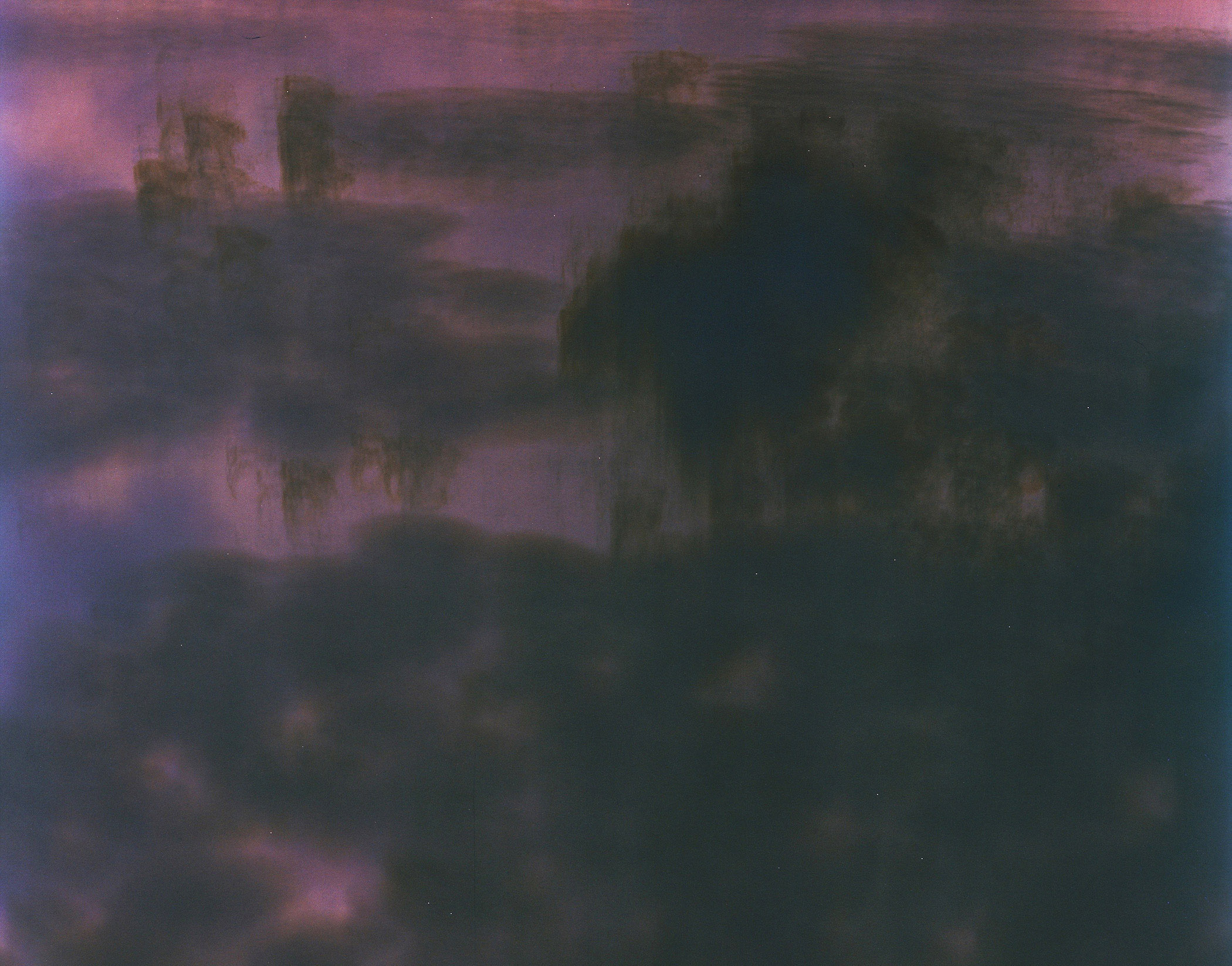 A purple and blue painting with a purple sky in the background.