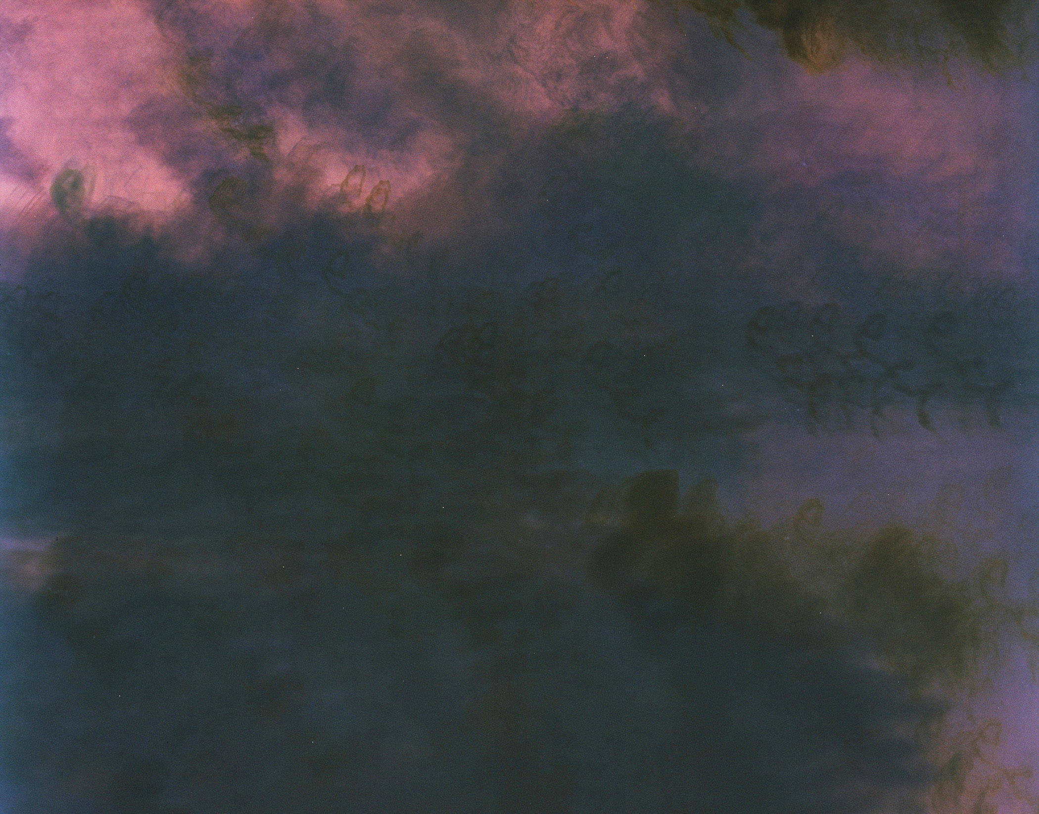 A painting of a purple and blue sky with clouds.