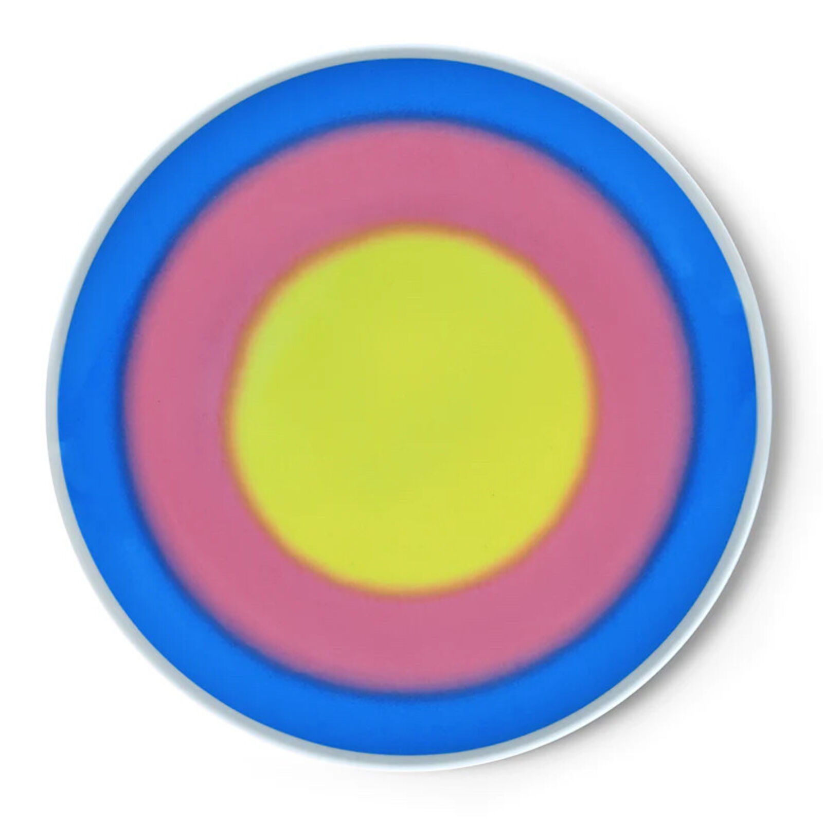 A blue and pink circle with a yellow center on a white background.