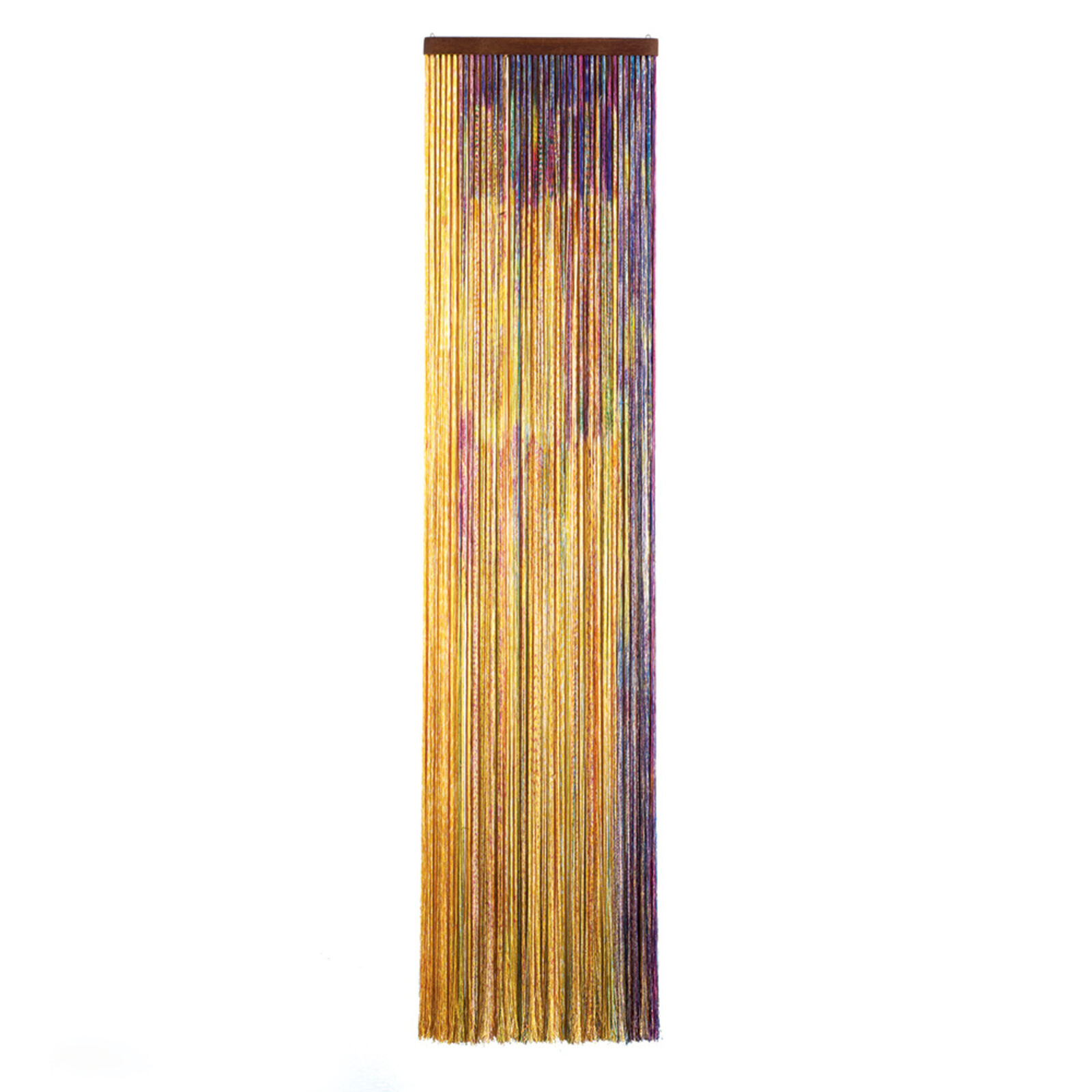 A vertical textile artwork featuring a gradient of metallic threads from gold to purple.