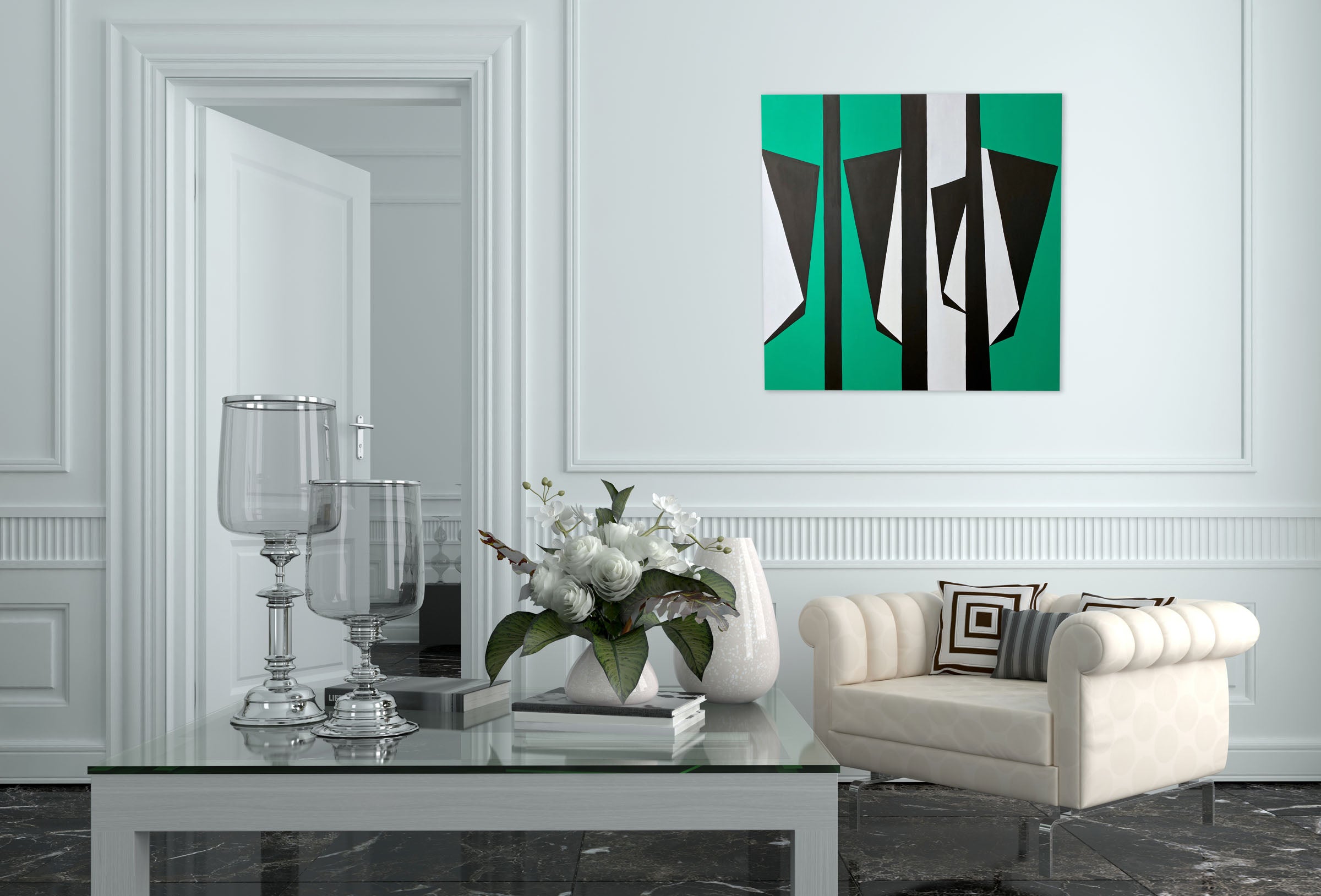 A painting of black and white shapes on a green background.
