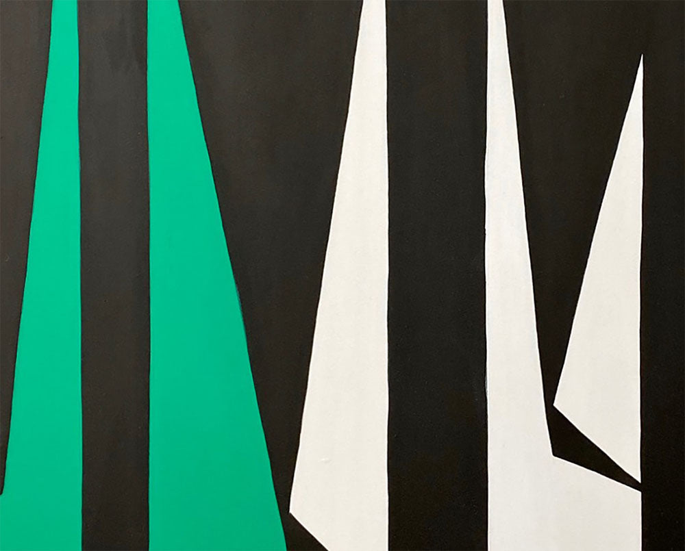 A painting of black and white shapes on a green background.
