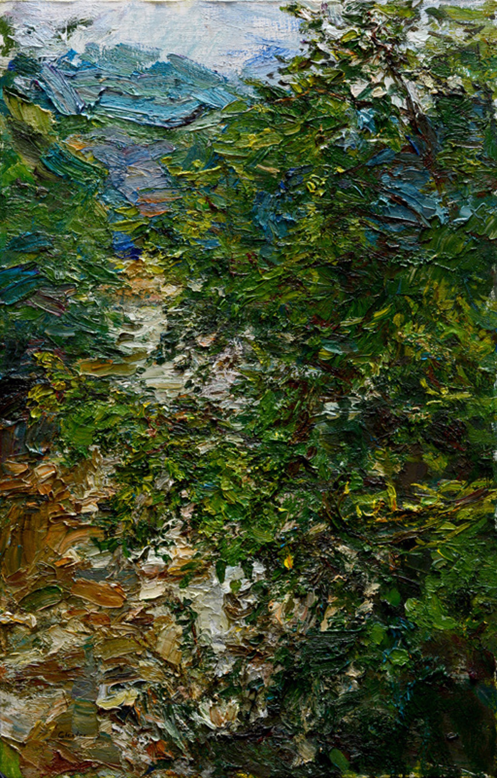 A painting of a landscape with trees and mountains in the background.