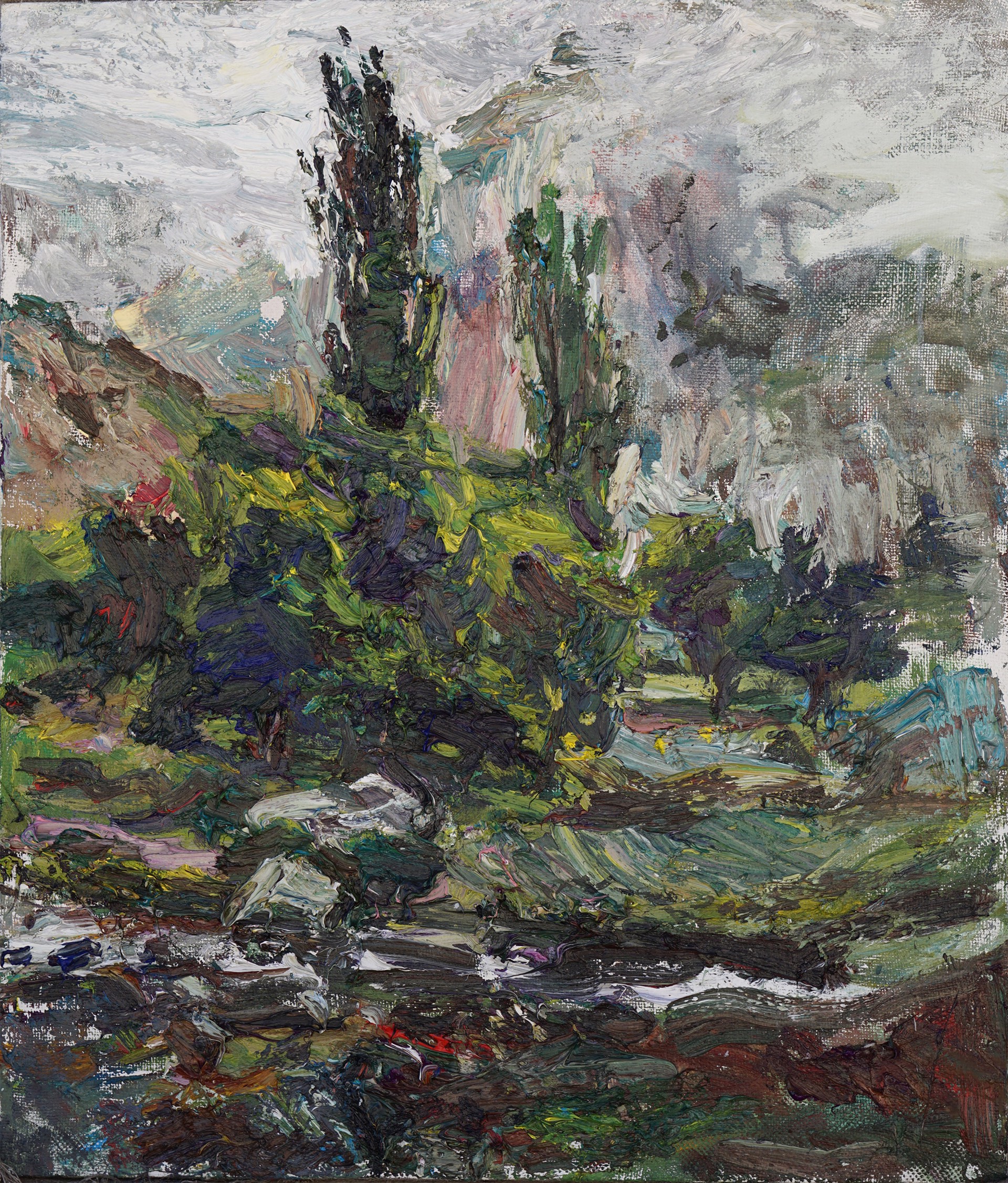 A painting of a landscape with trees in the background.