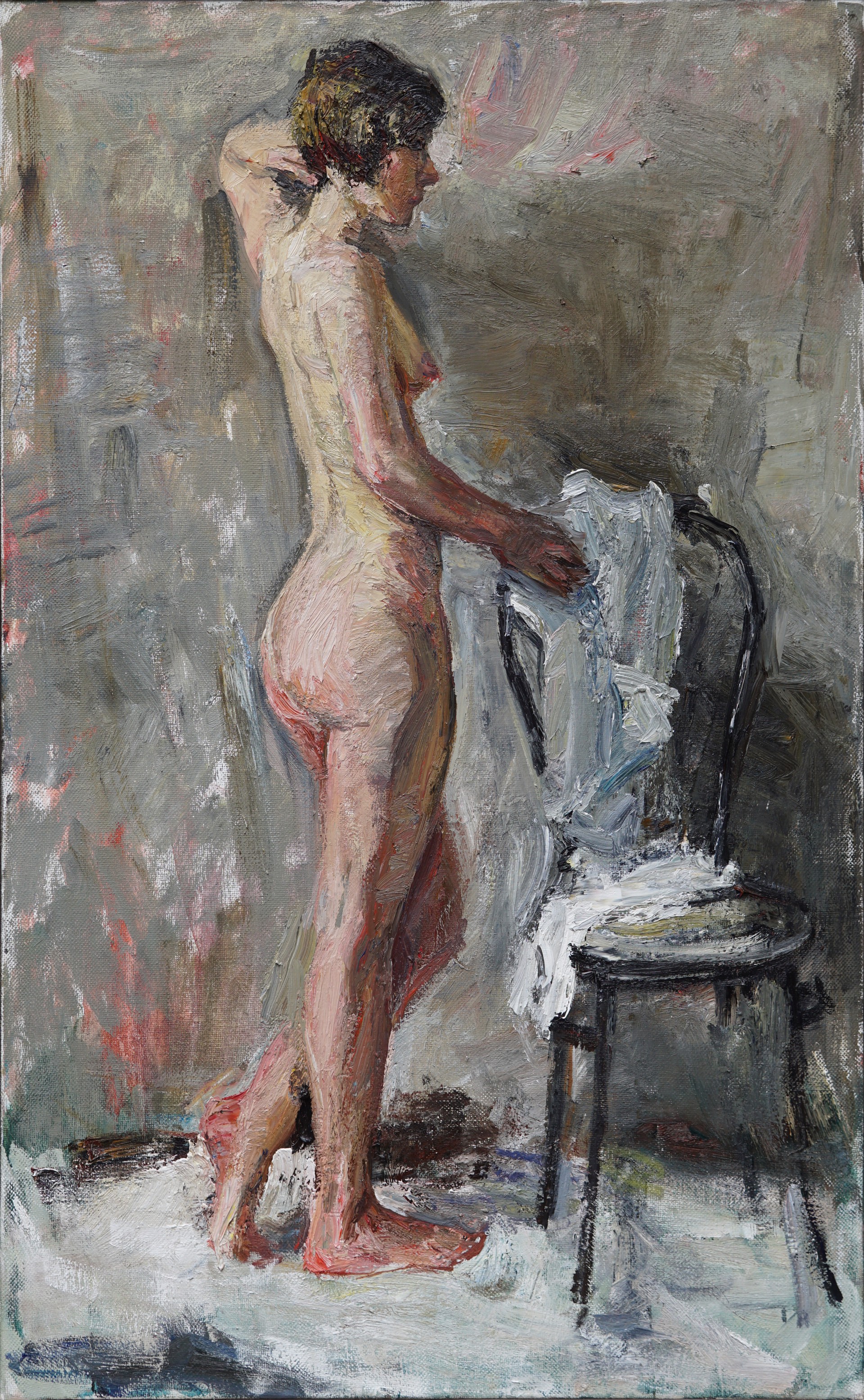 A painting of a nude woman standing next to a chair.
