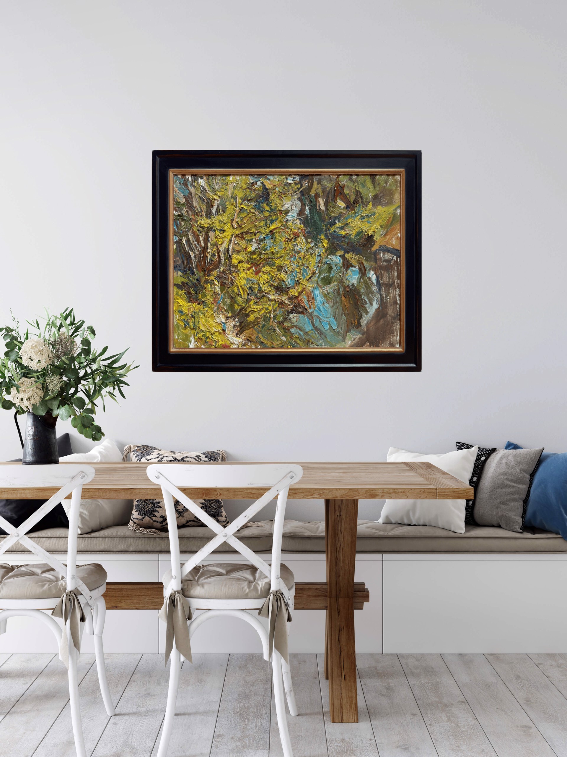 A thickly painted landscape featuring a vibrant, textured tree with bold strokes of yellow and green.