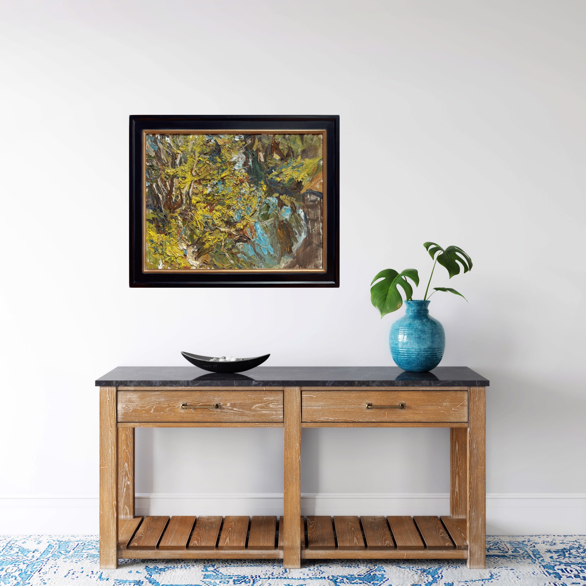 A thickly painted landscape featuring a vibrant, textured tree with bold strokes of yellow and green.