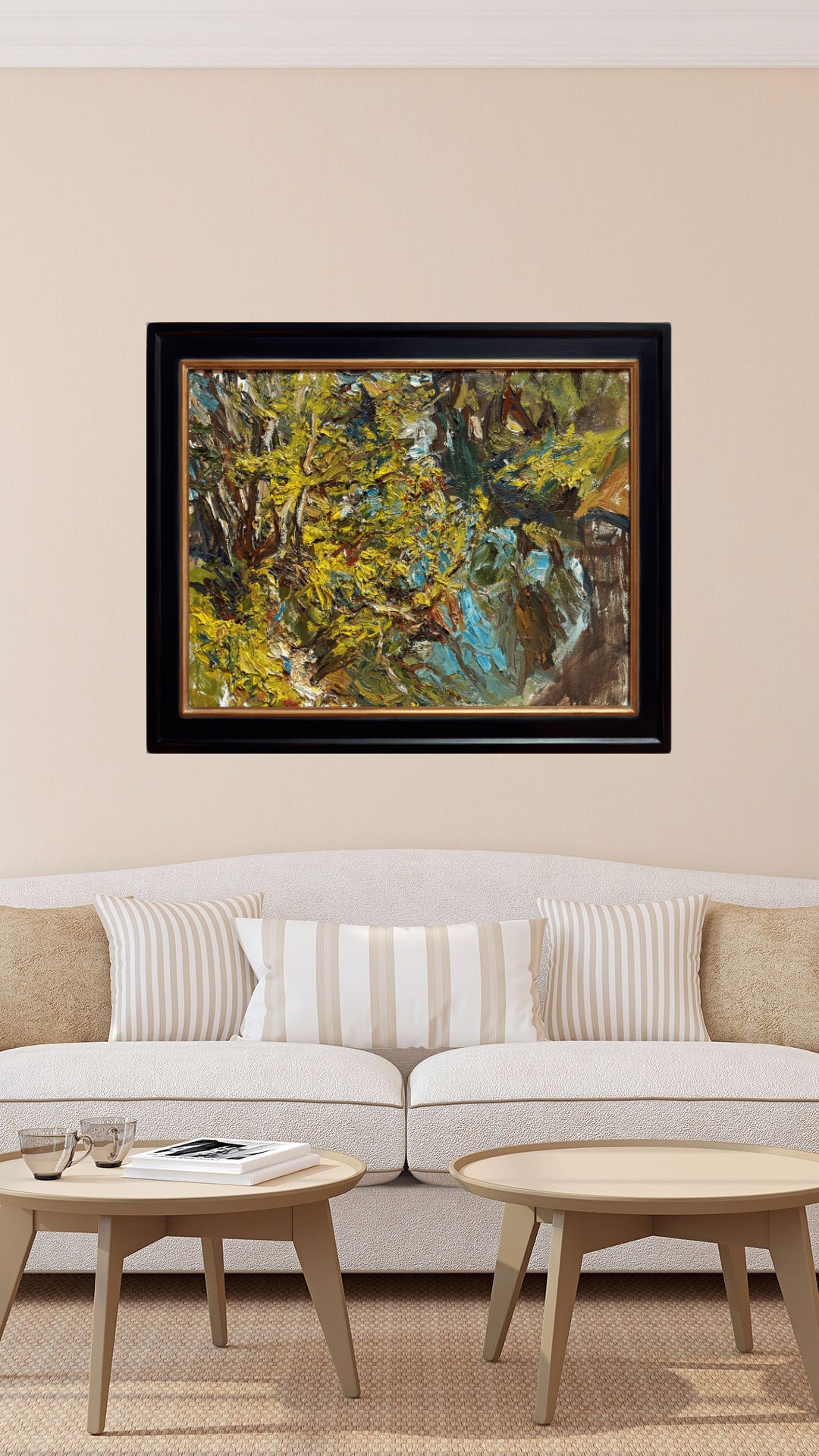 A thickly painted landscape featuring a vibrant, textured tree with bold strokes of yellow and green.