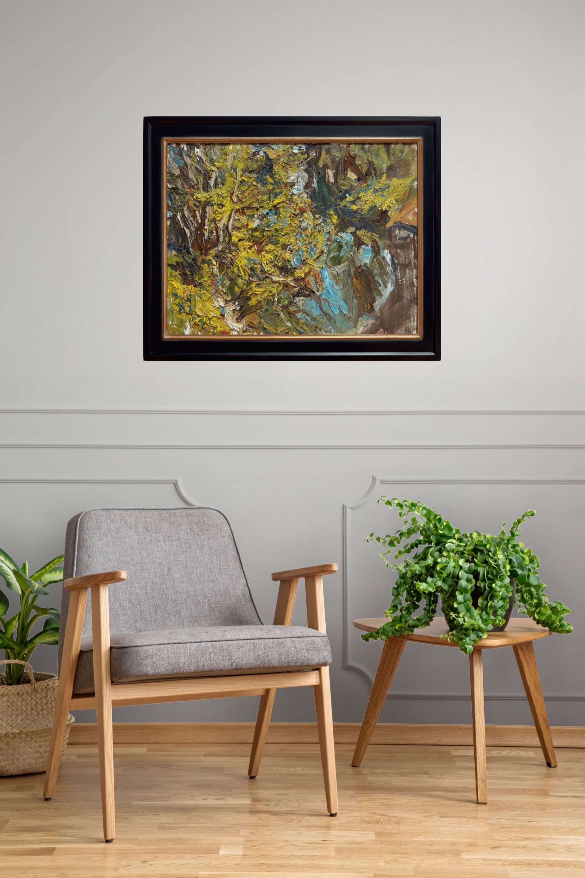 A thickly painted landscape featuring a vibrant, textured tree with bold strokes of yellow and green.