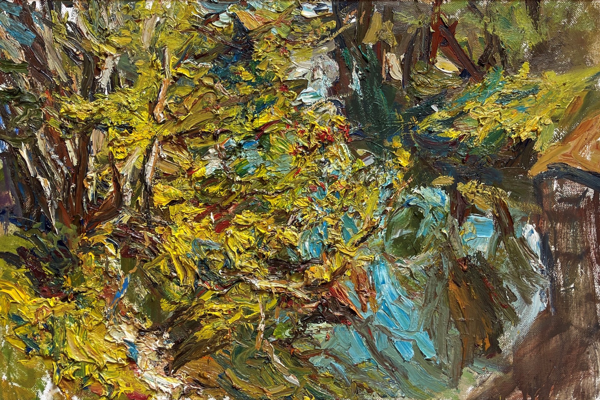 A thickly painted landscape featuring a vibrant, textured tree with bold strokes of yellow and green.