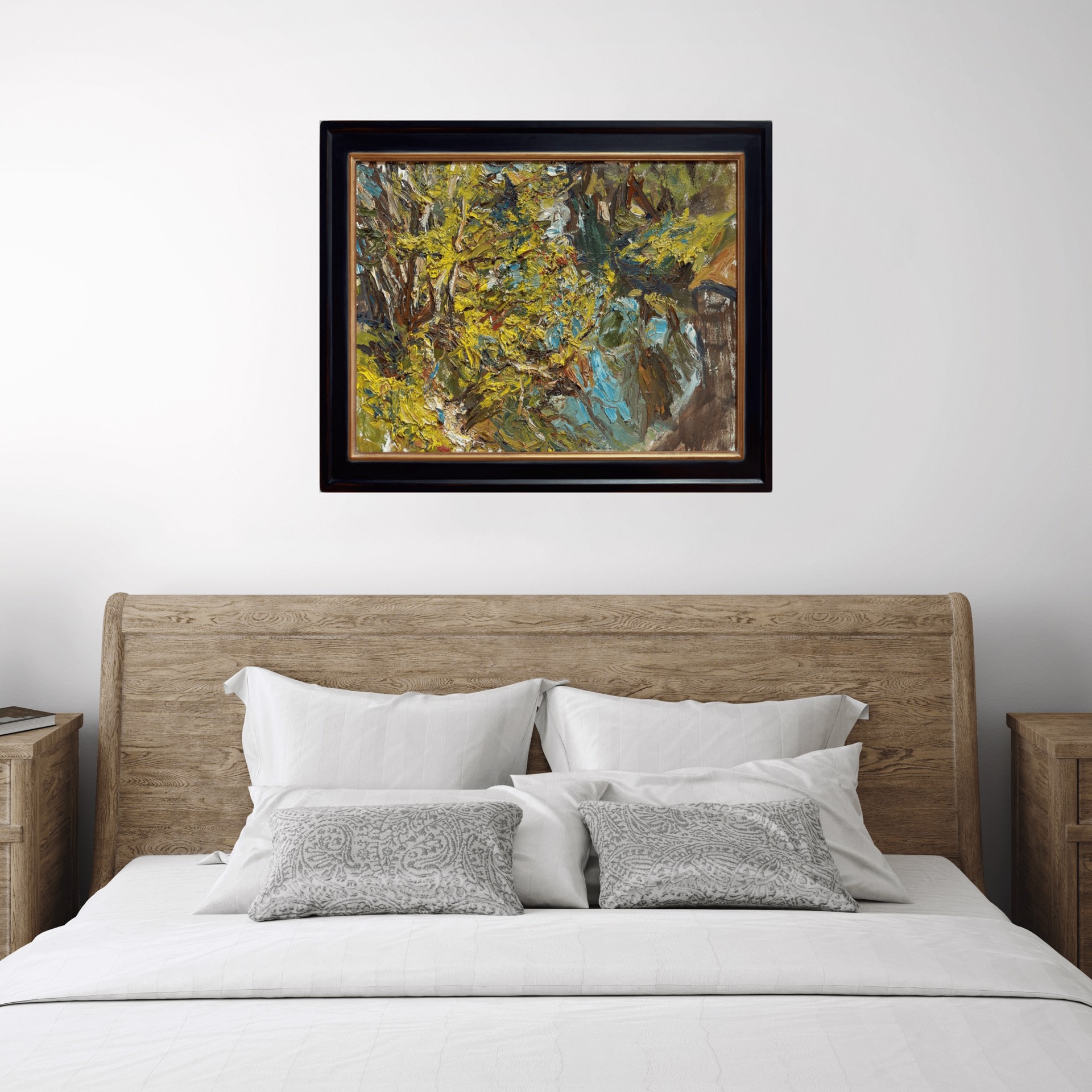 A thickly painted landscape featuring a vibrant, textured tree with bold strokes of yellow and green.