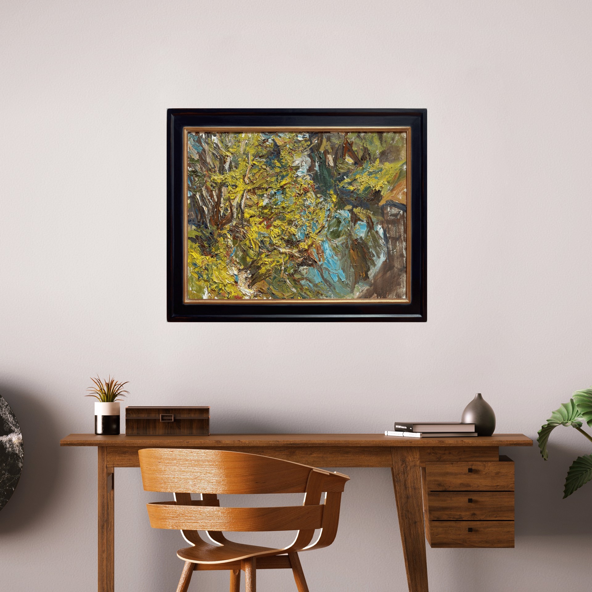 A thickly painted landscape featuring a vibrant, textured tree with bold strokes of yellow and green.