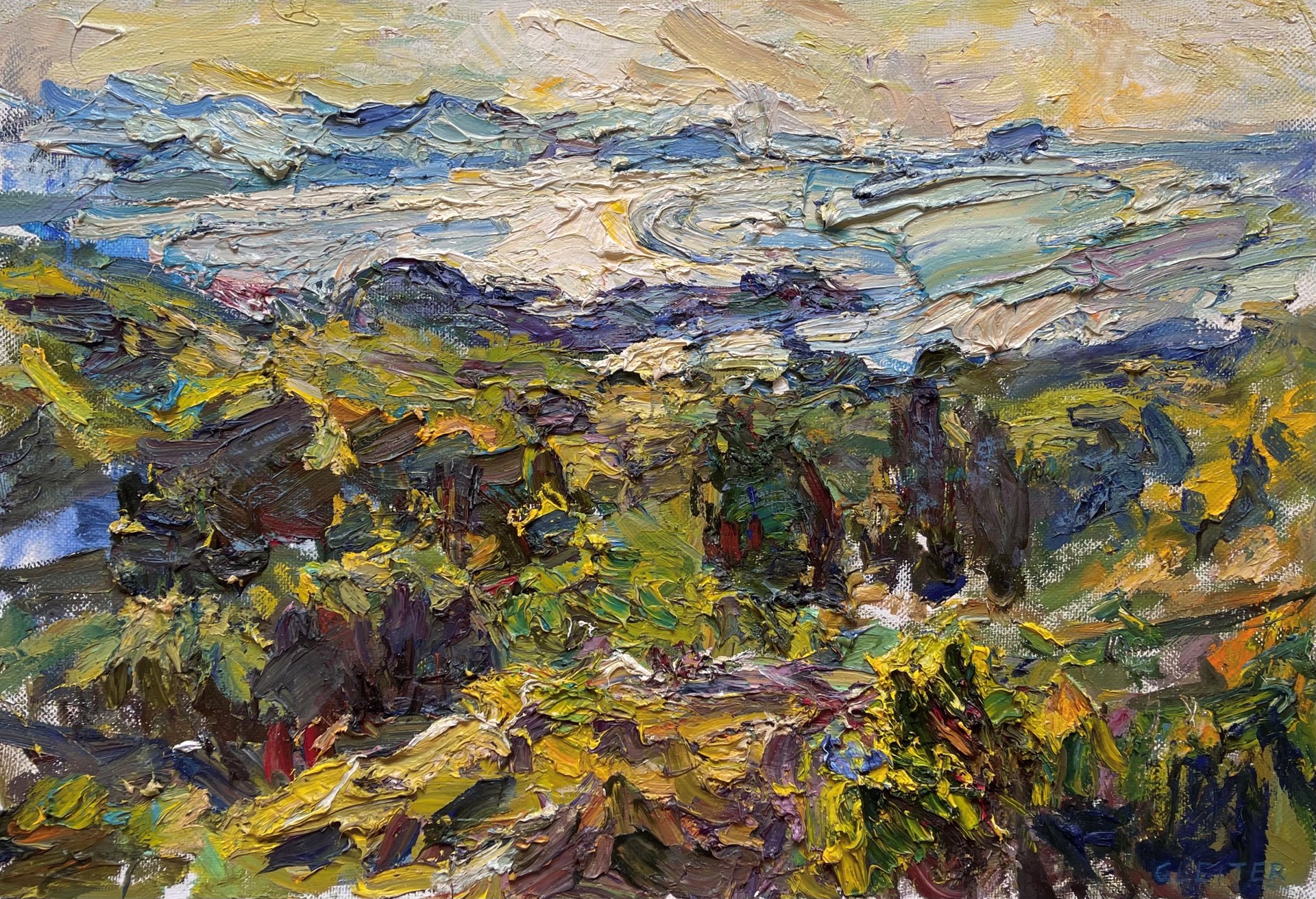 A painting of a landscape with trees and mountains in the background.