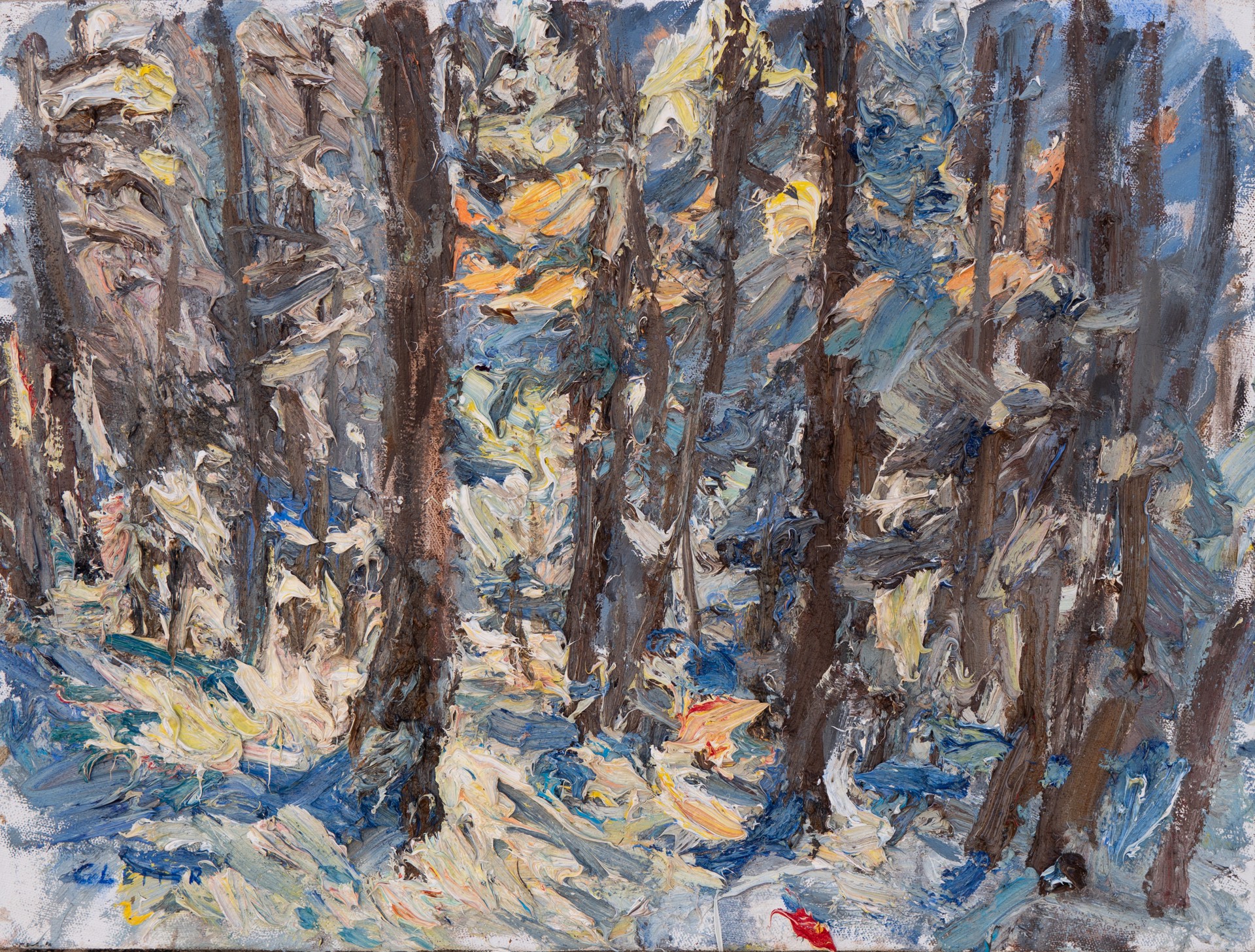 A painting of a forest with trees in the background.