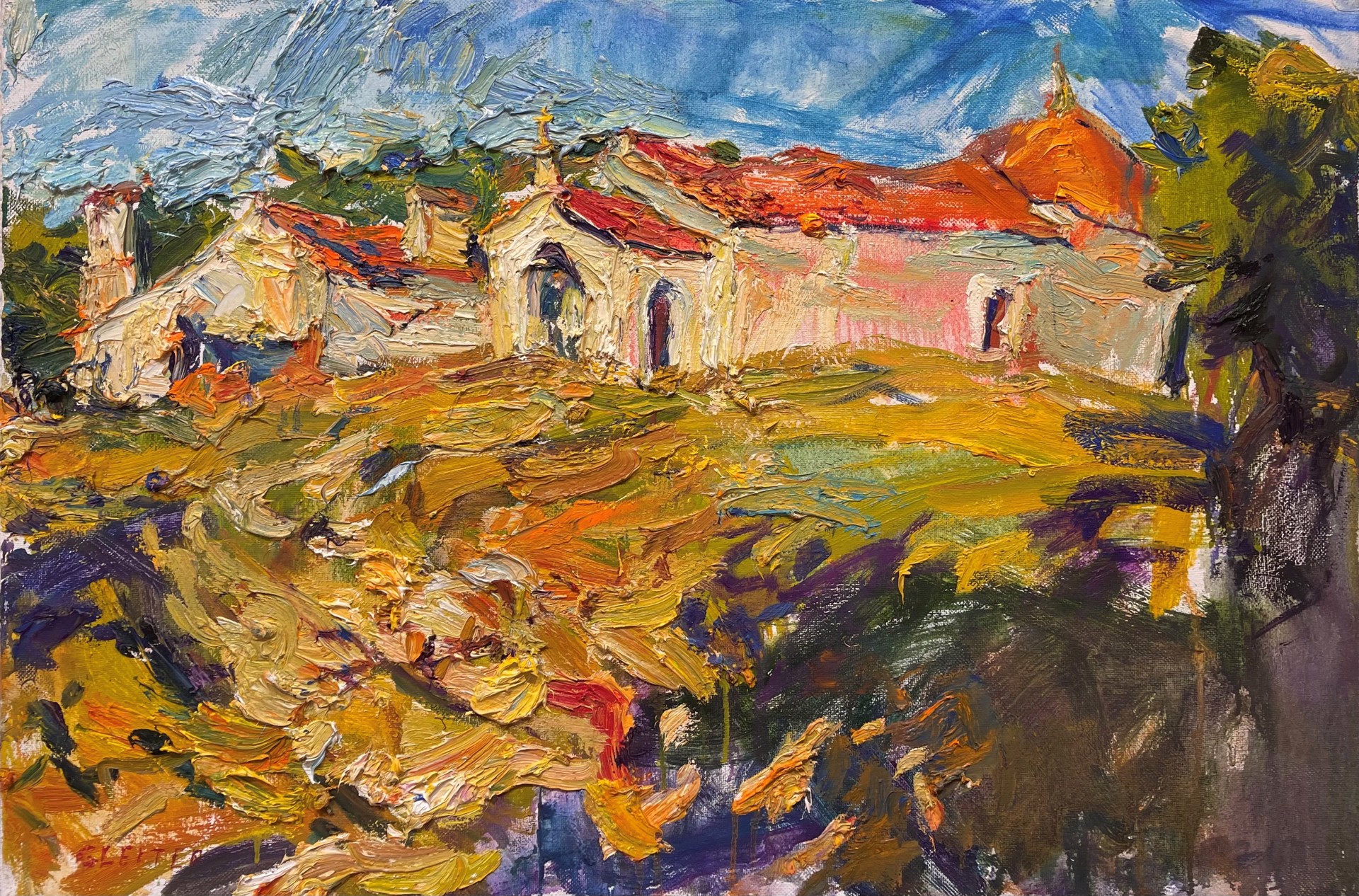 A painting of a small church in the middle of a field.