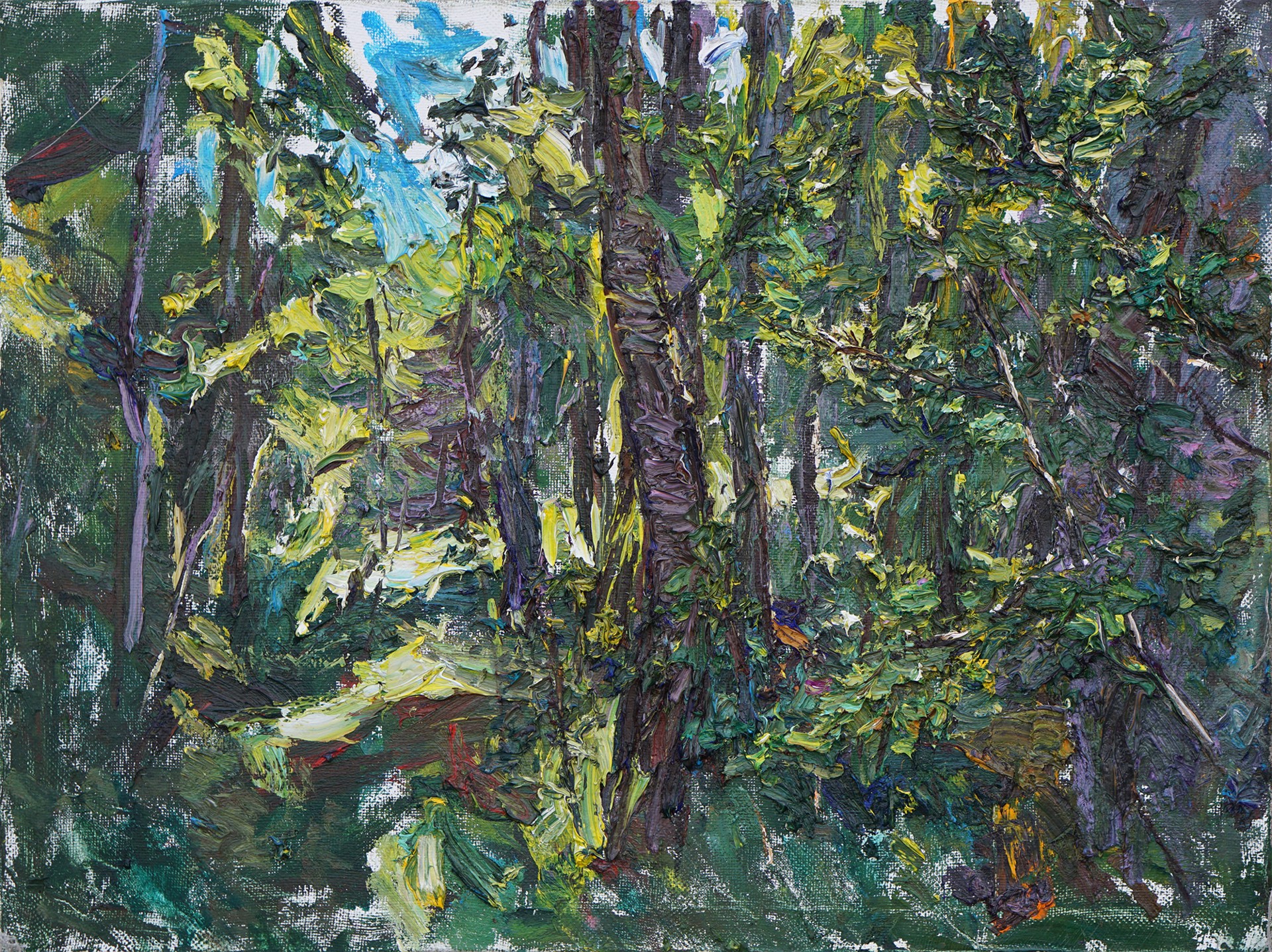 A painting of trees in a wooded area with green and yellow leaves.