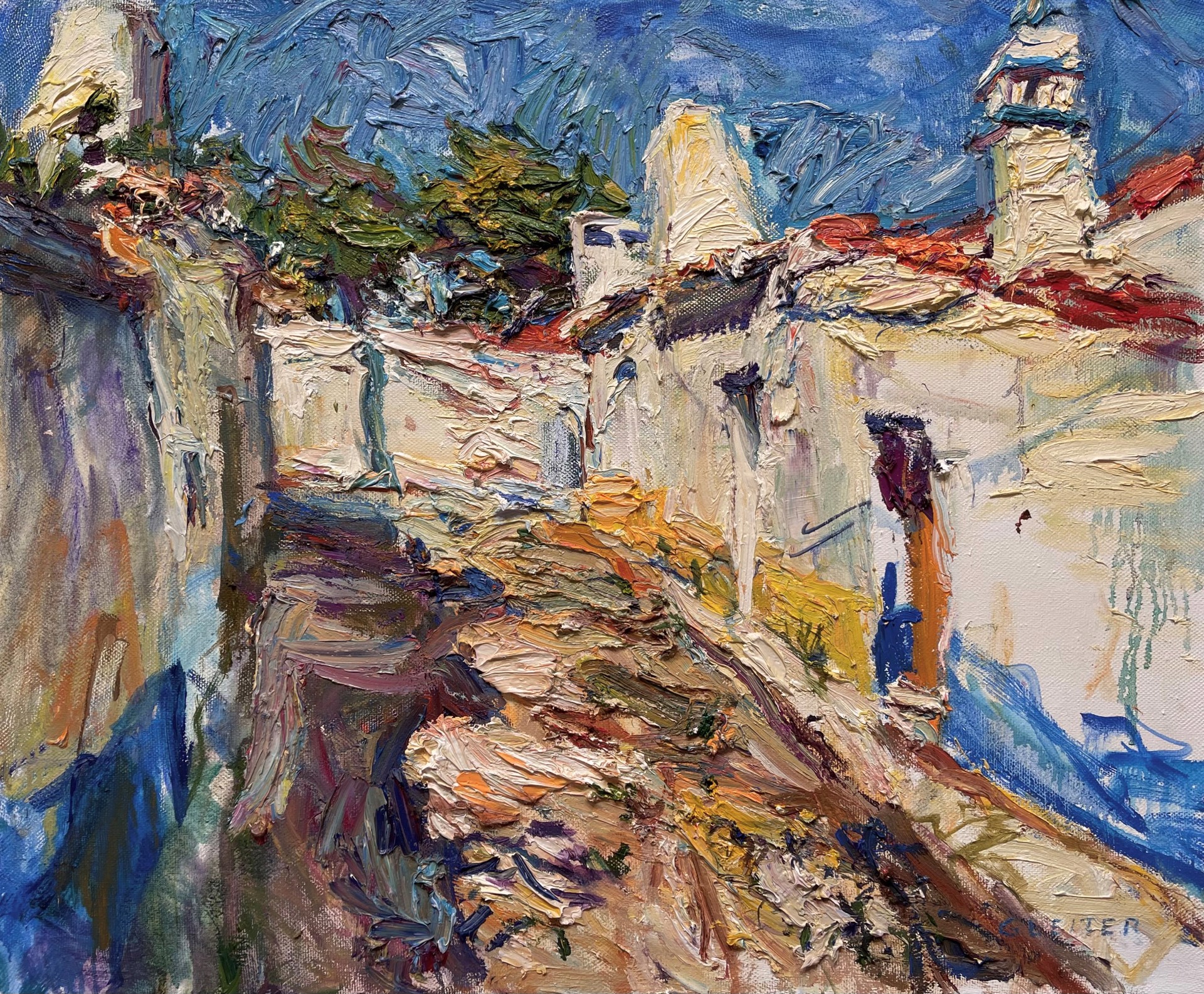 A painting of a painting of an old building with a clock tower.