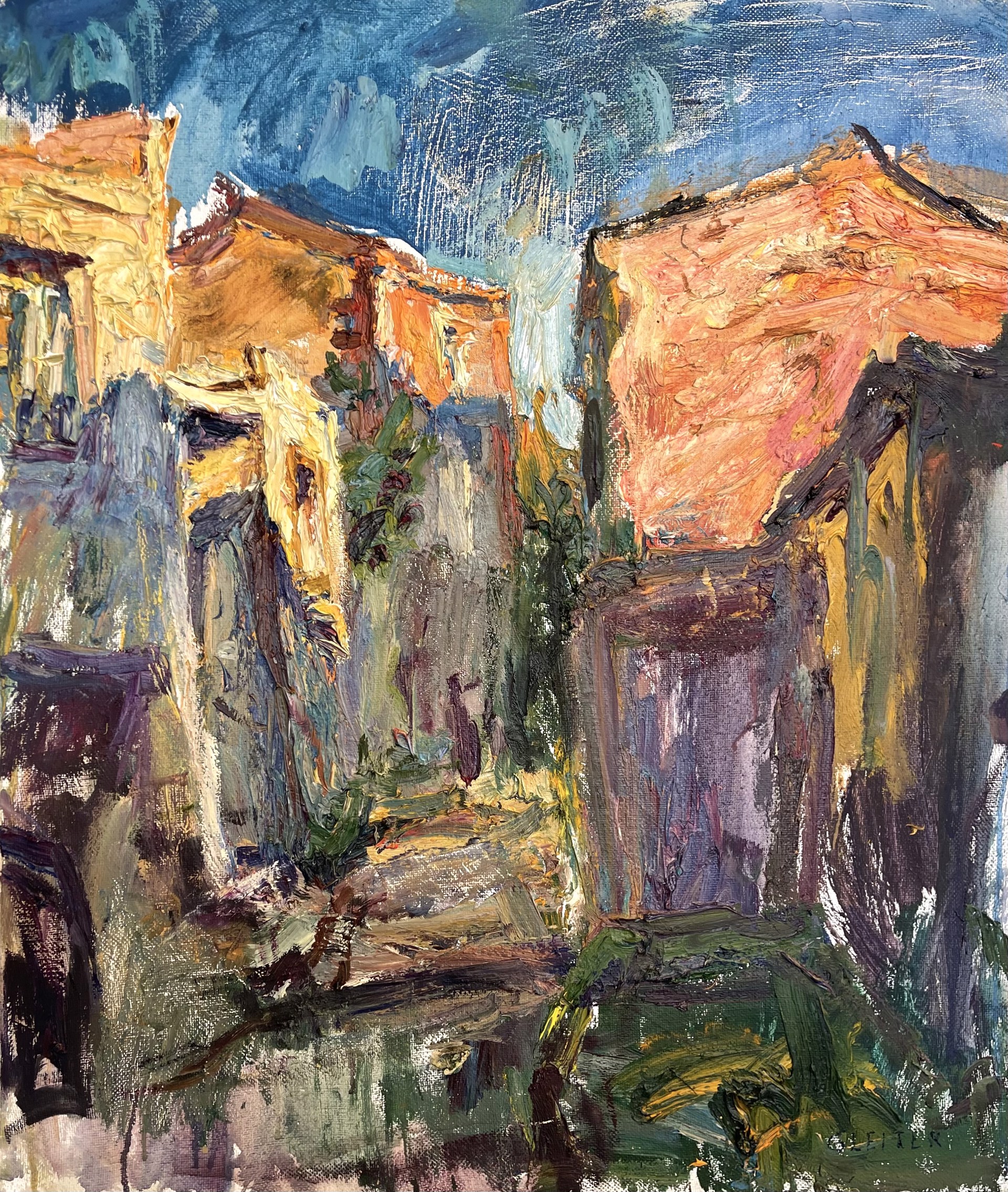 A painting of a street scene with buildings in the background.