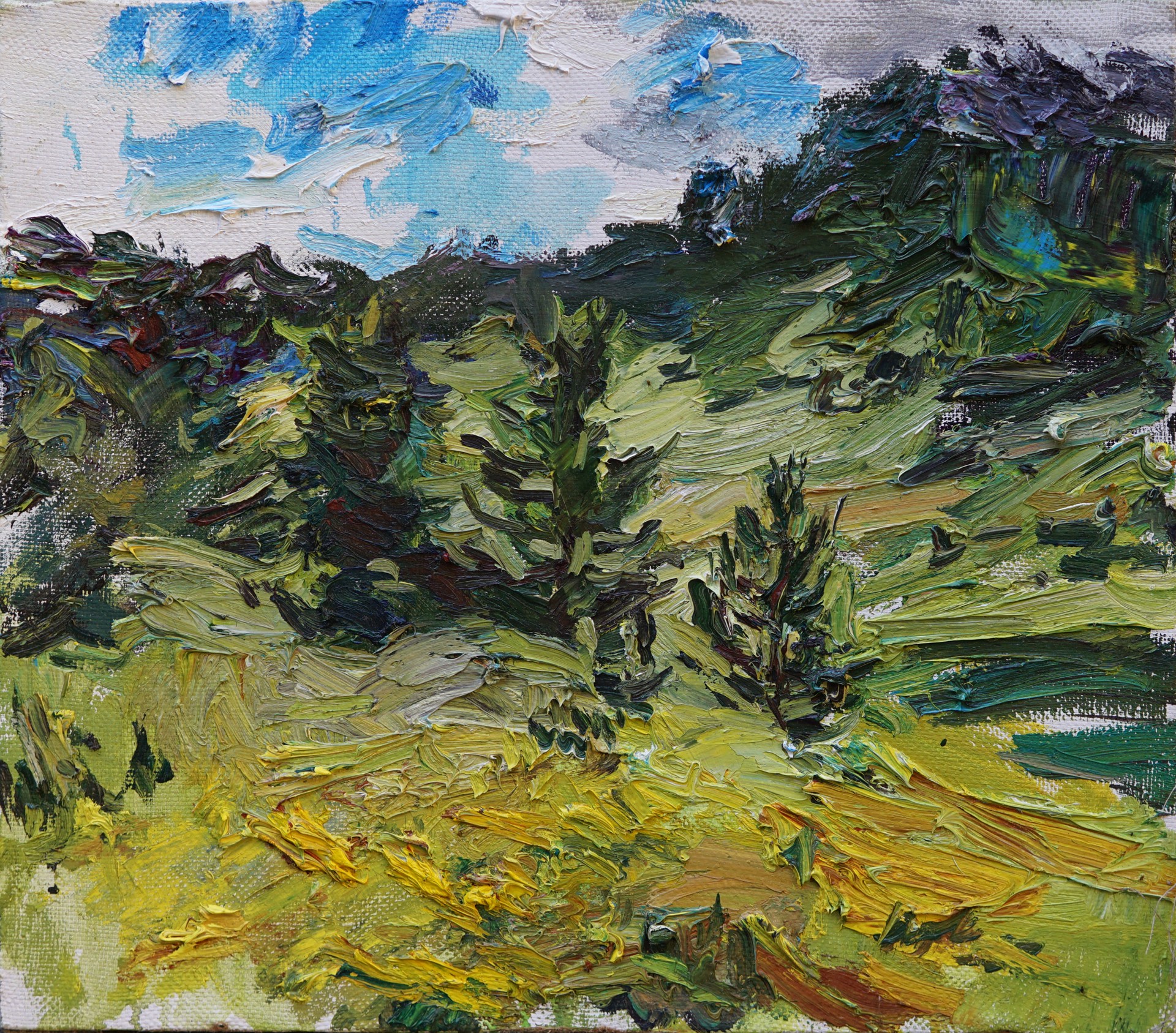 A painting of a green field with trees in the background.