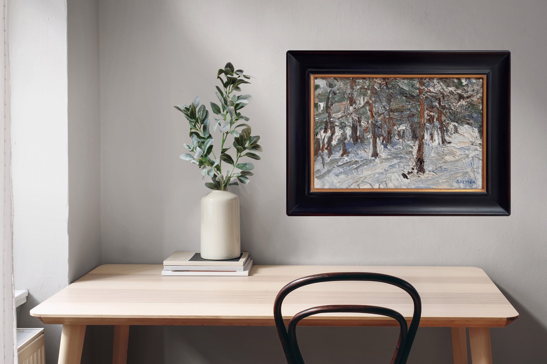 A textured winter forest scene with snow-covered trees and a muted color palette.