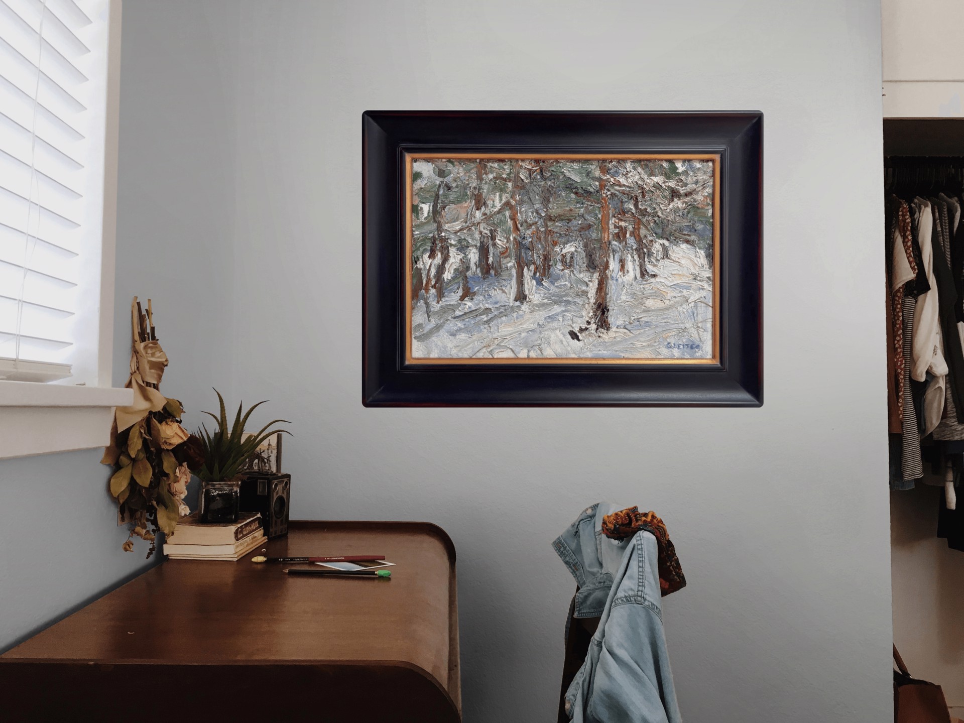 A textured winter forest scene with snow-covered trees and a muted color palette.