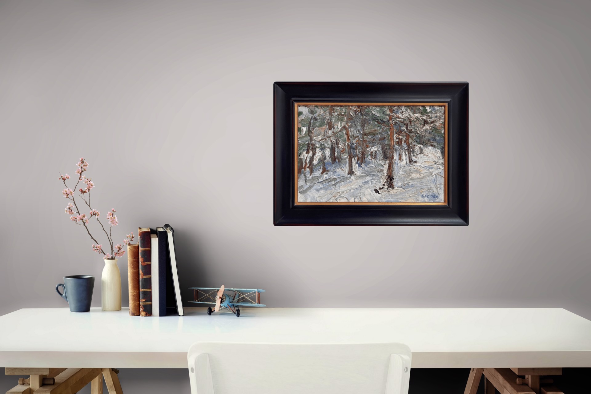 A textured winter forest scene with snow-covered trees and a muted color palette.