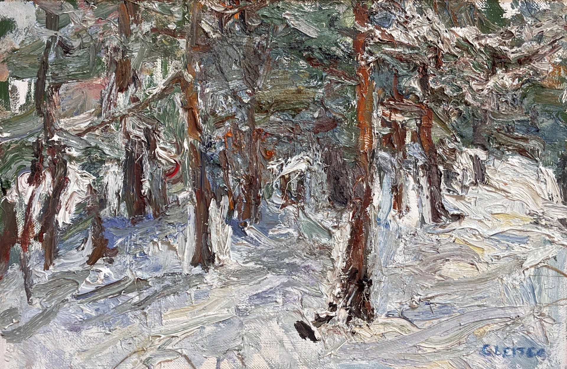A textured winter forest scene with snow-covered trees and a muted color palette.