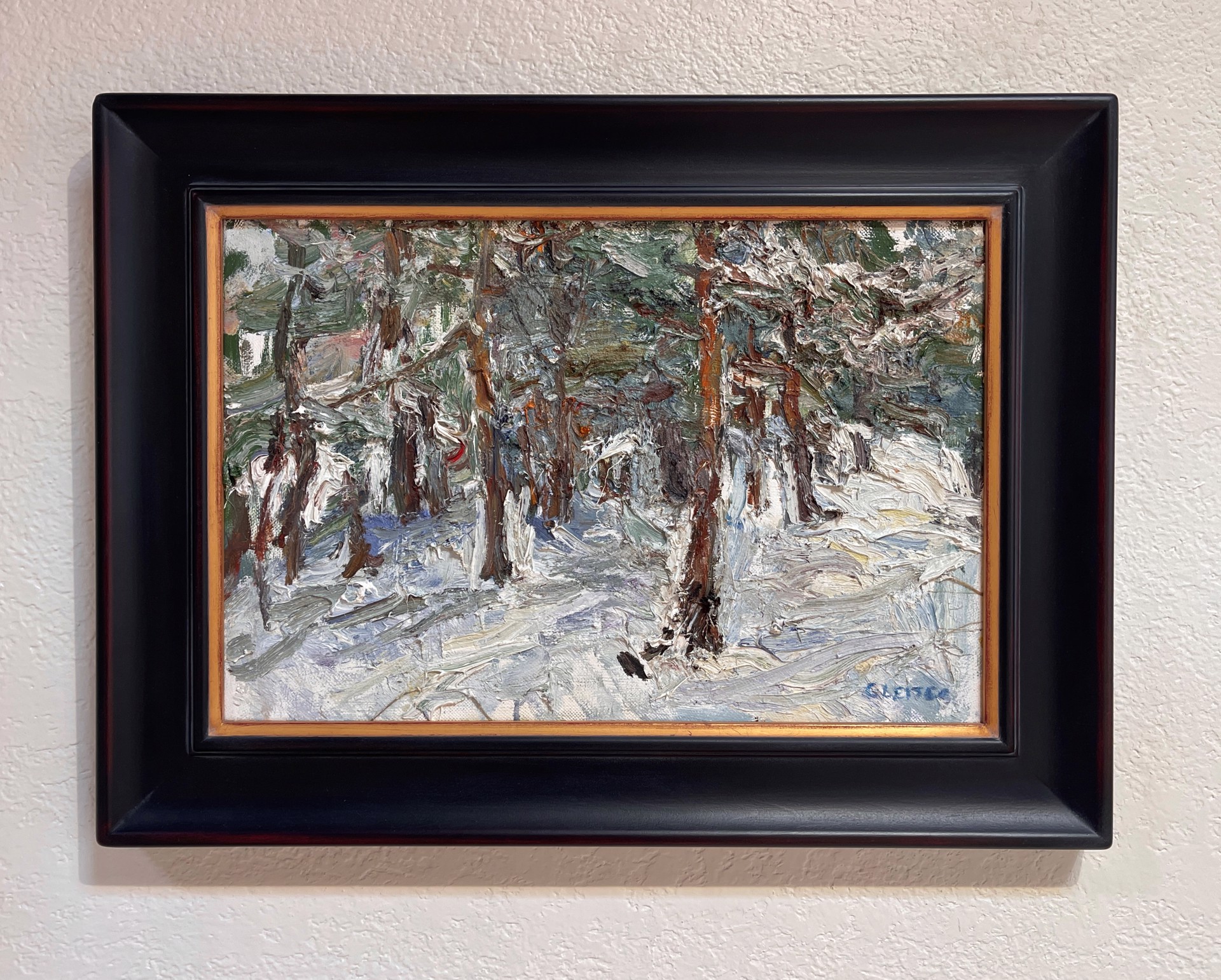 A textured winter forest scene with snow-covered trees and a muted color palette.