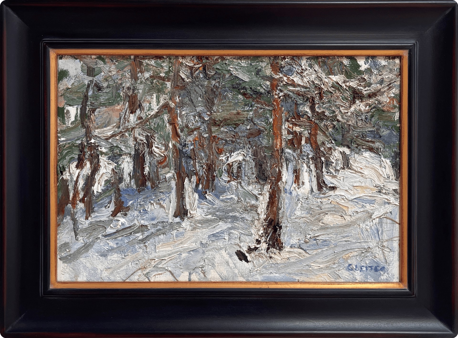 A textured winter forest scene with snow-covered trees and a muted color palette.