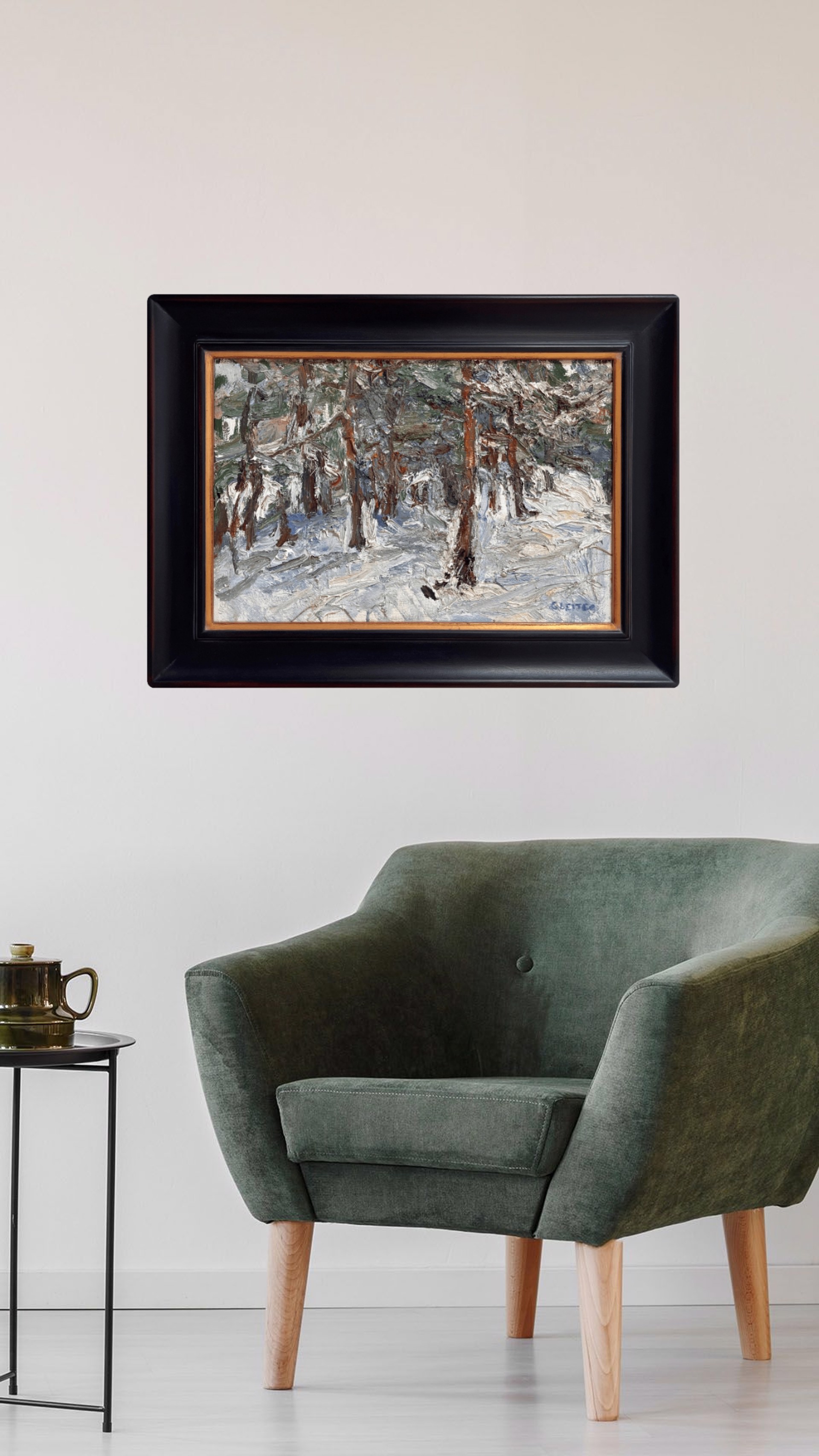 A textured winter forest scene with snow-covered trees and a muted color palette.