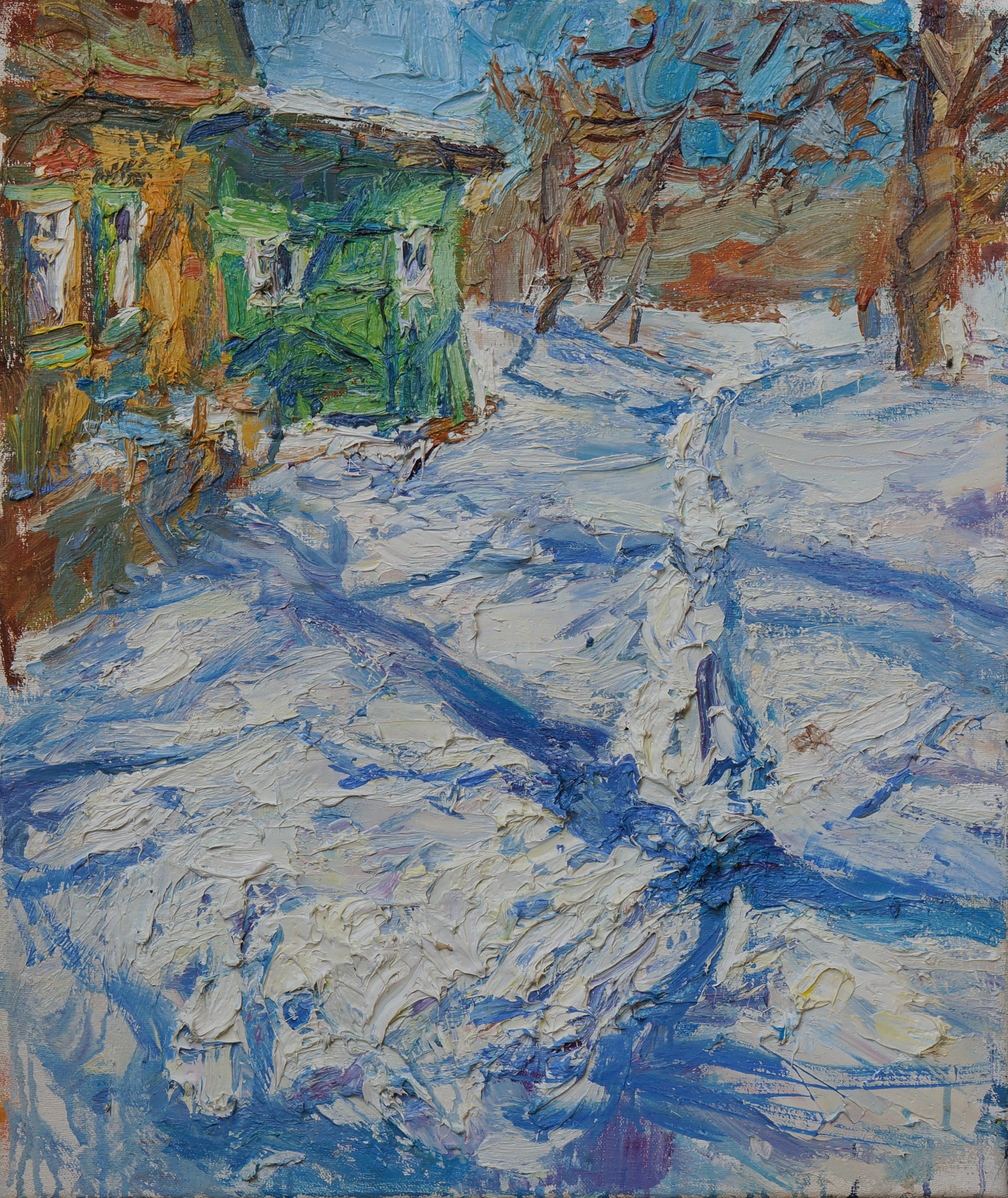 A painting of a snowy street with a house in the background.