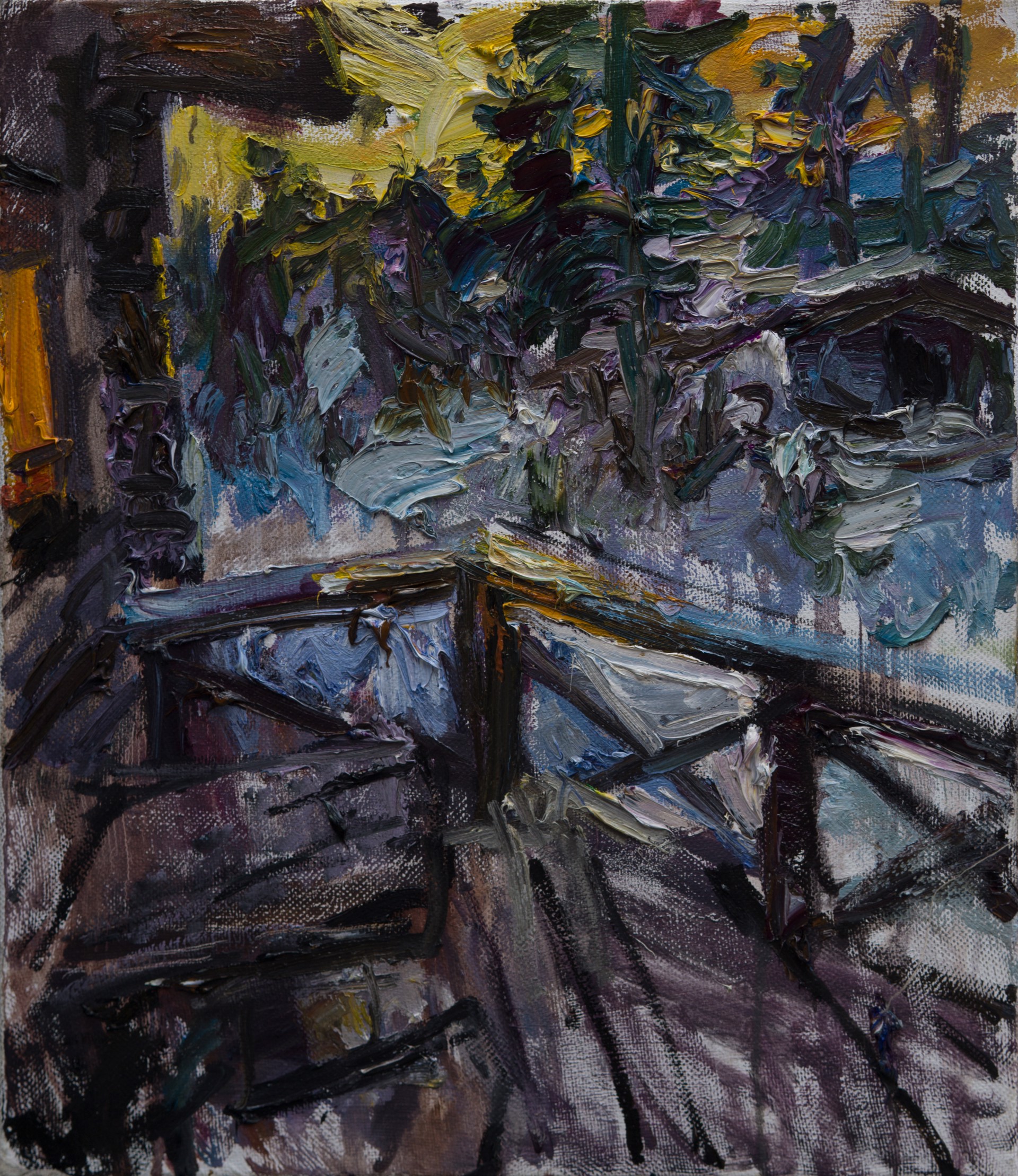 A painting of a room with a table and chairs.
