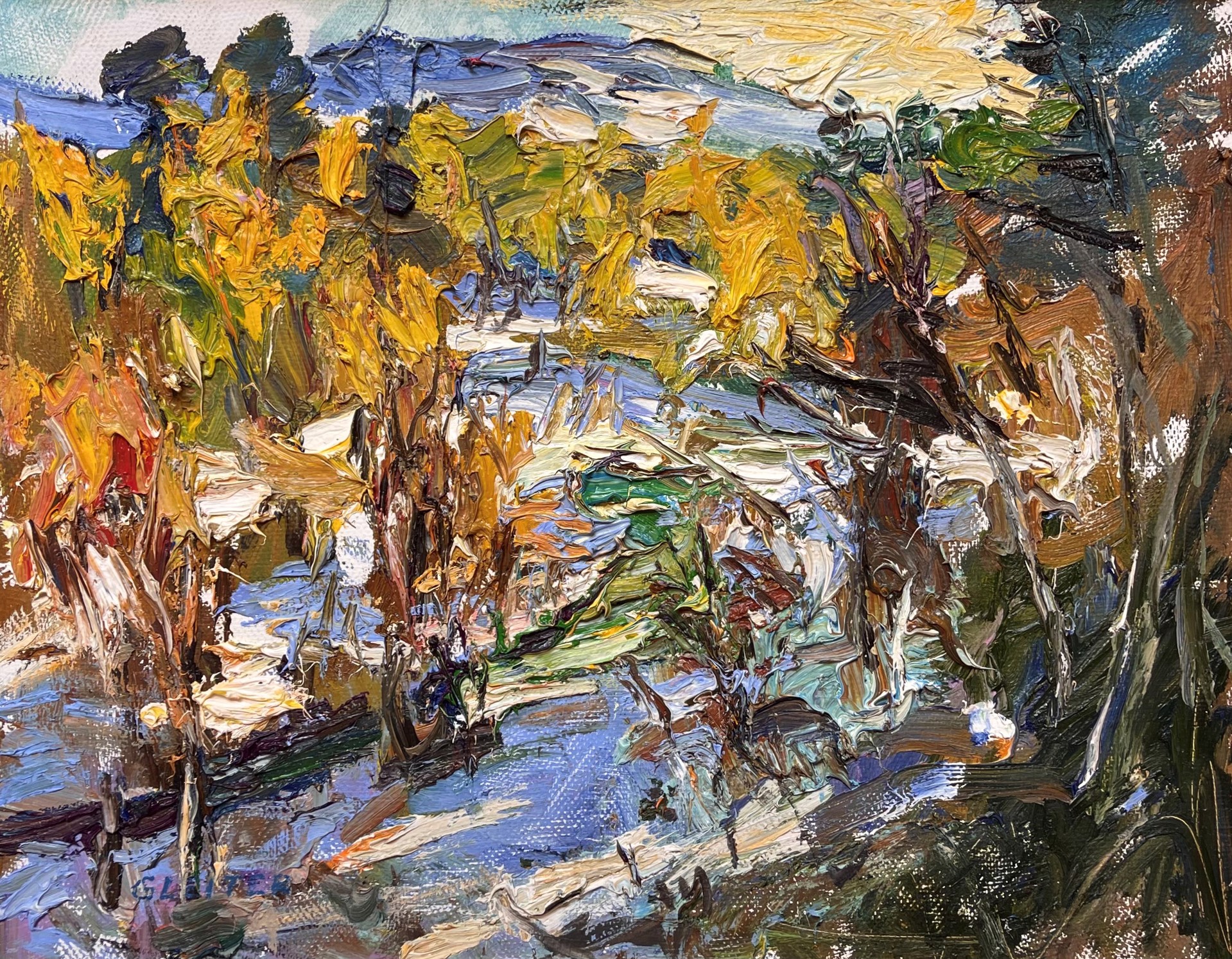 A painting of a snowy landscape with trees in the foreground.