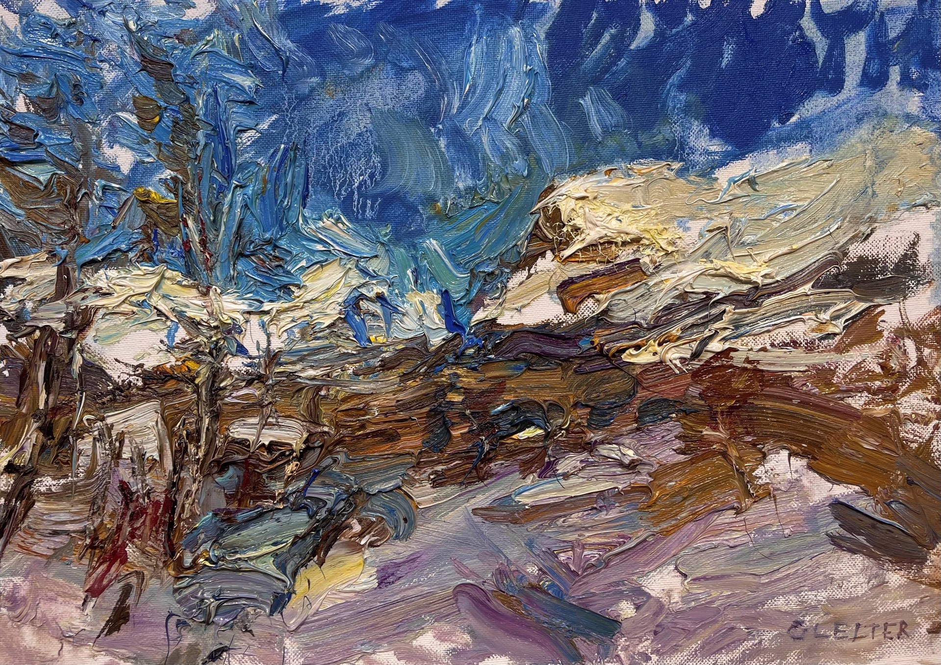 A painting of a snowy landscape with trees in the foreground.