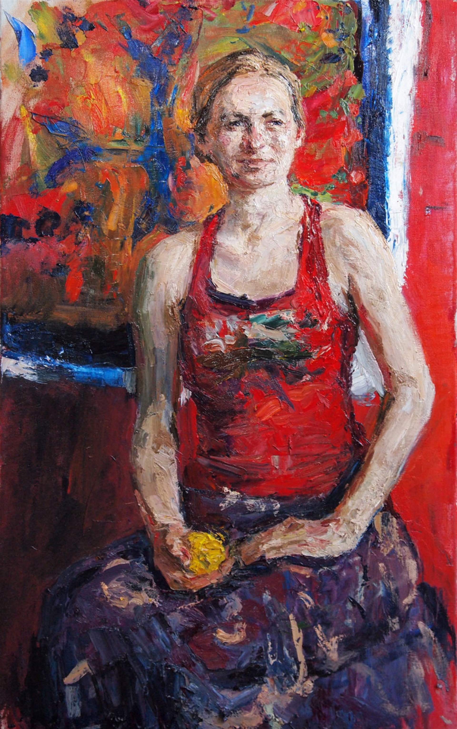 A painting of a woman in a red tank top sitting on a chair.