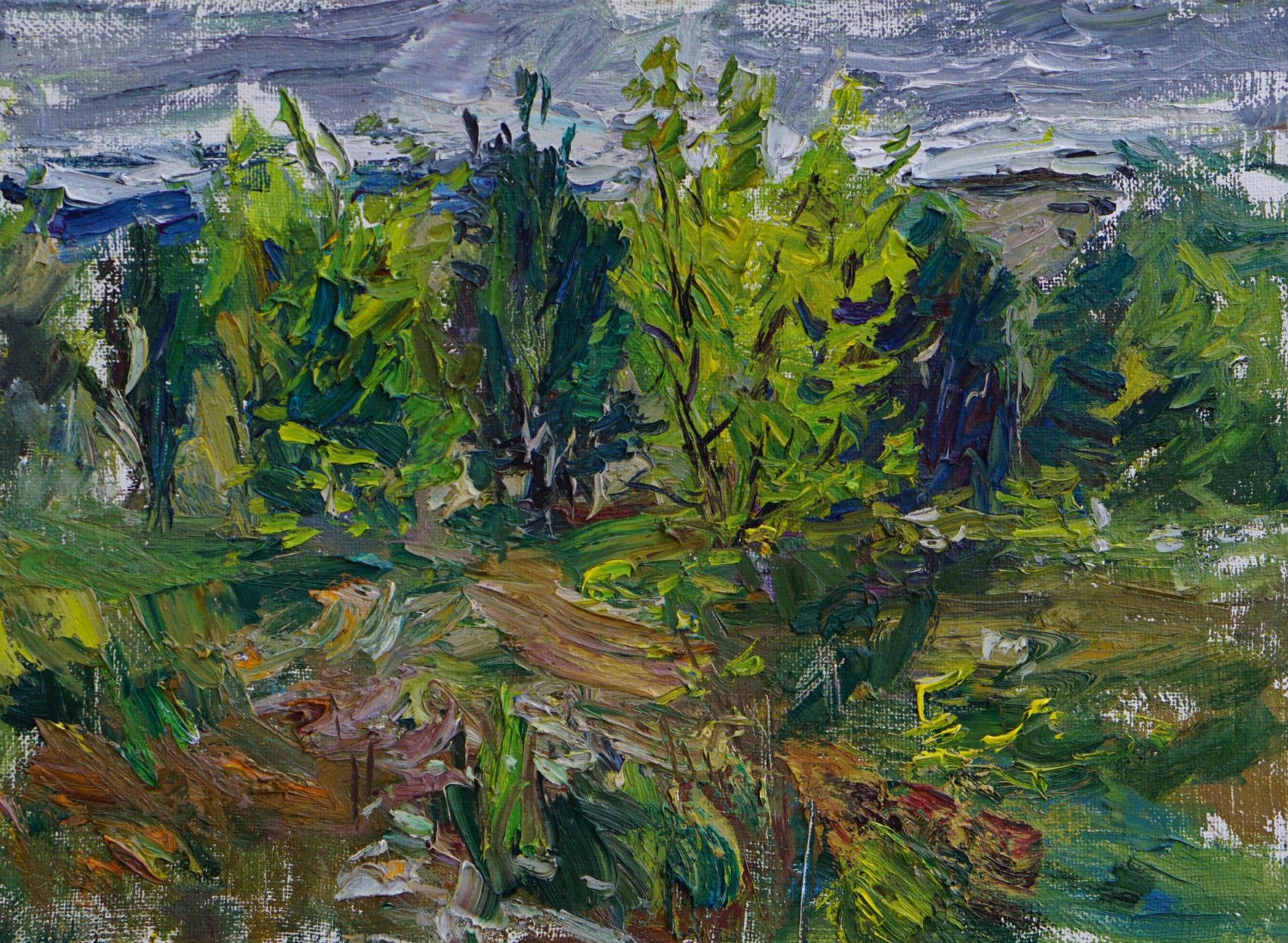 A painting of a landscape with trees in the foreground.