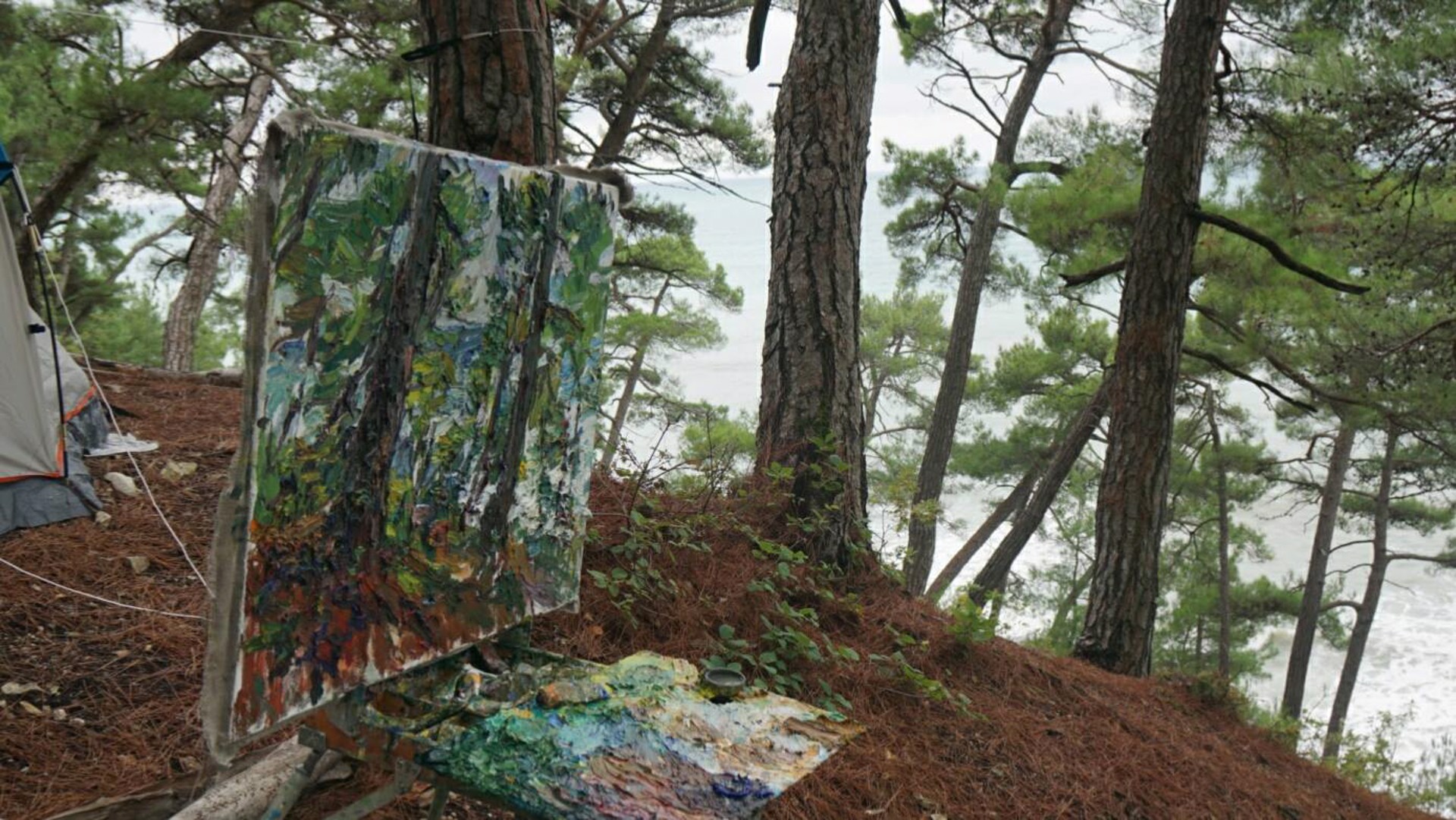 A painting of trees in a wooded area with snow on the ground.