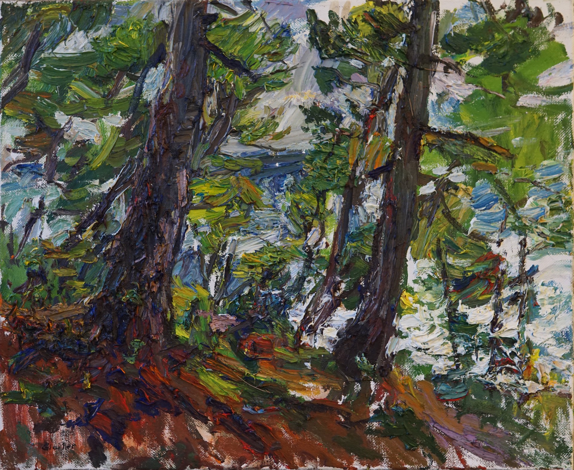 A painting of trees in a wooded area with snow on the ground.