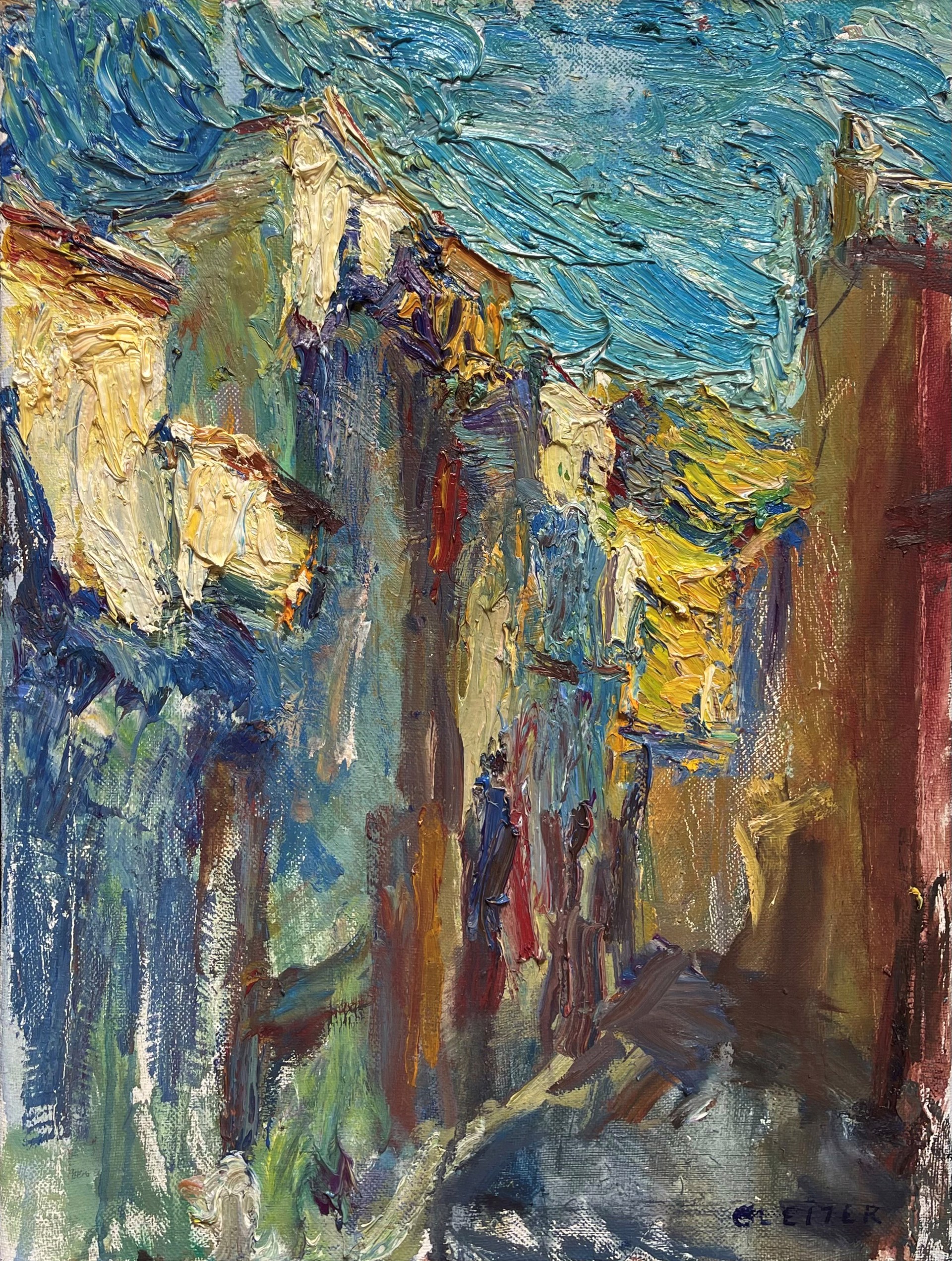 A painting of a city street with buildings in the background.