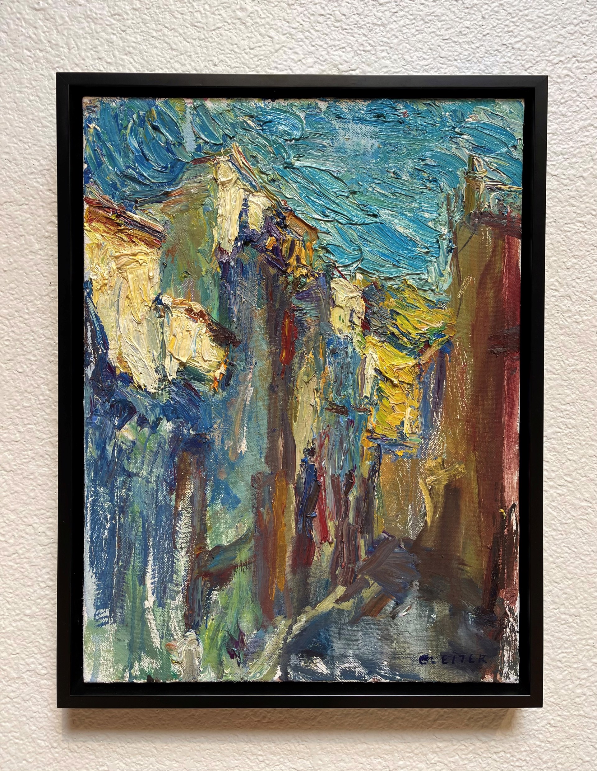 A painting of a city street with buildings in the background.