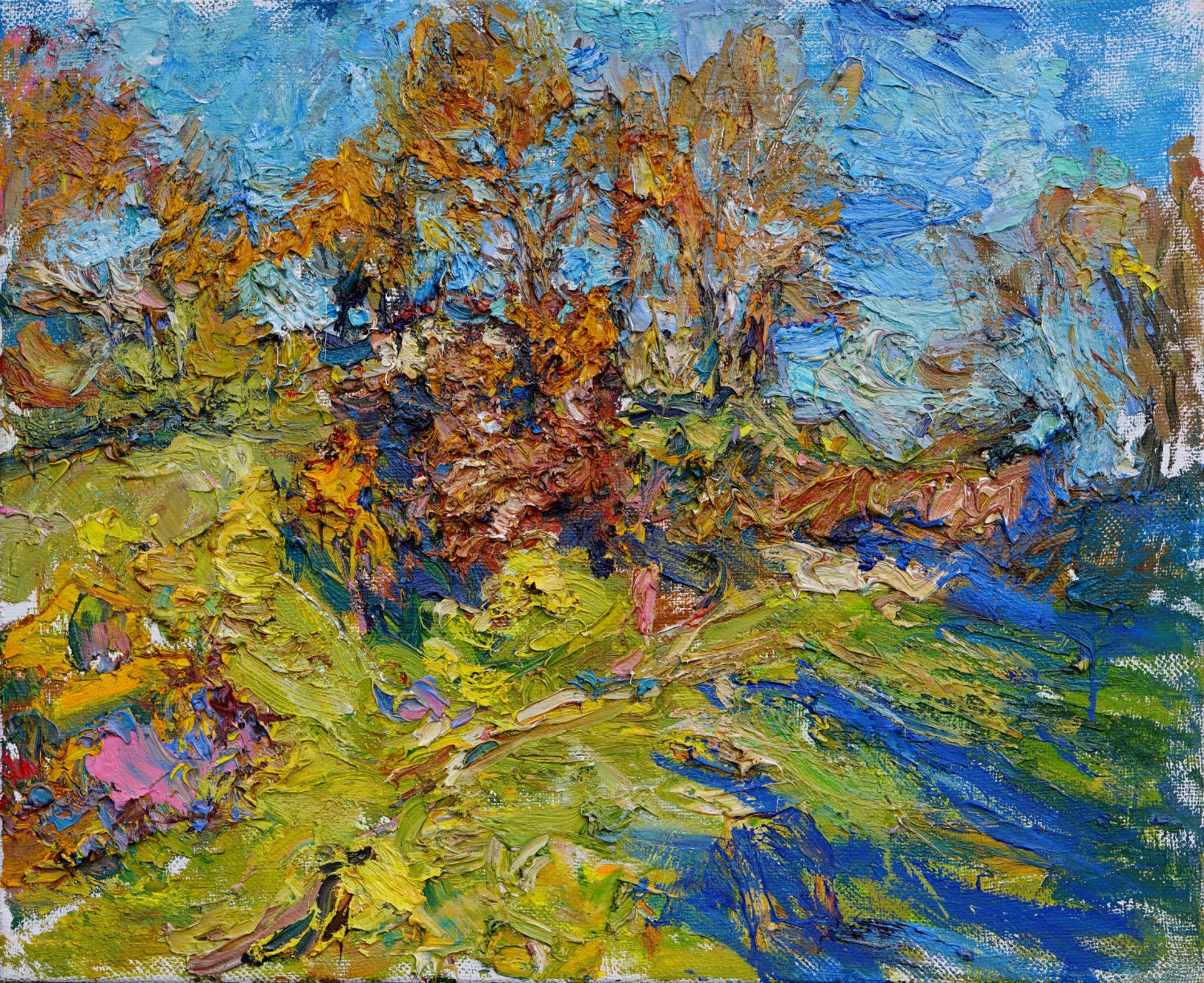 A painting of a landscape with trees in the background.